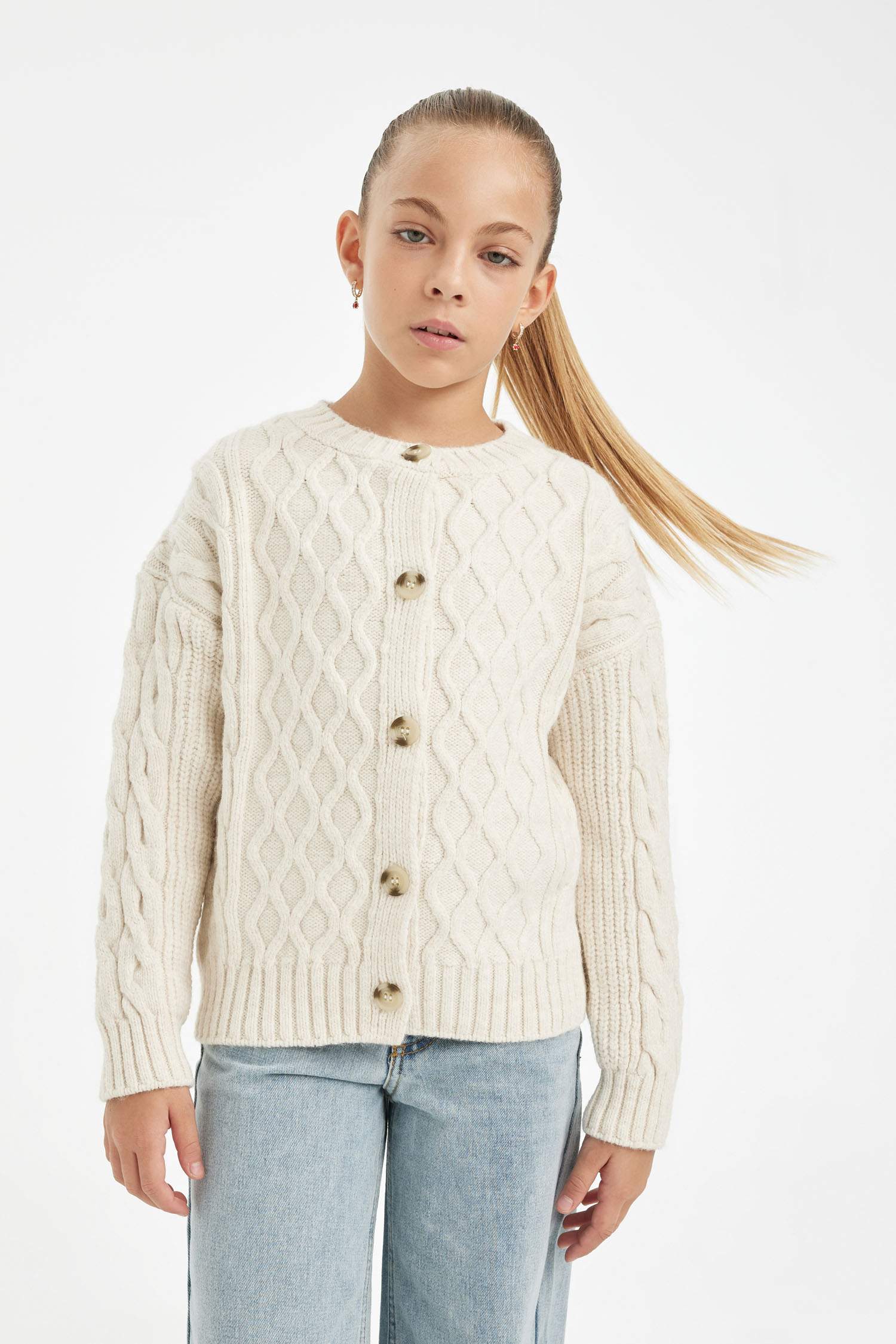 Kız Çocuk Triko Bisiklet Yaka Düğmeli Hırka