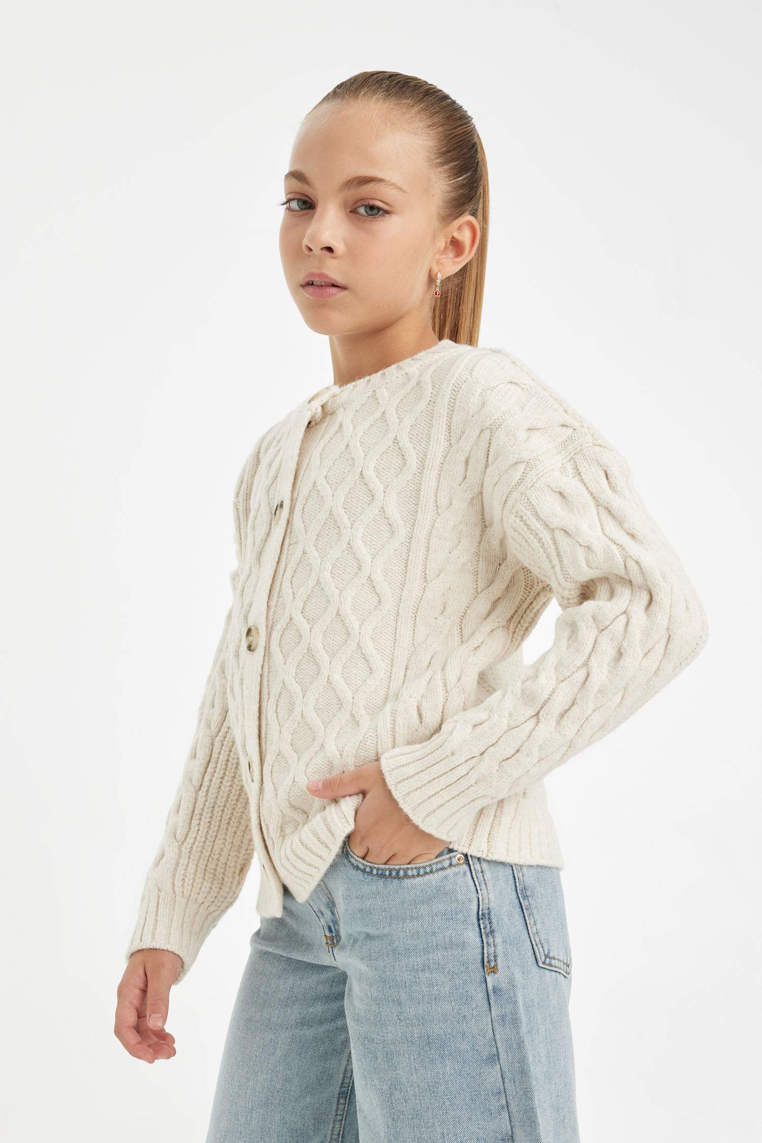 Kız Çocuk Triko Bisiklet Yaka Düğmeli Hırka