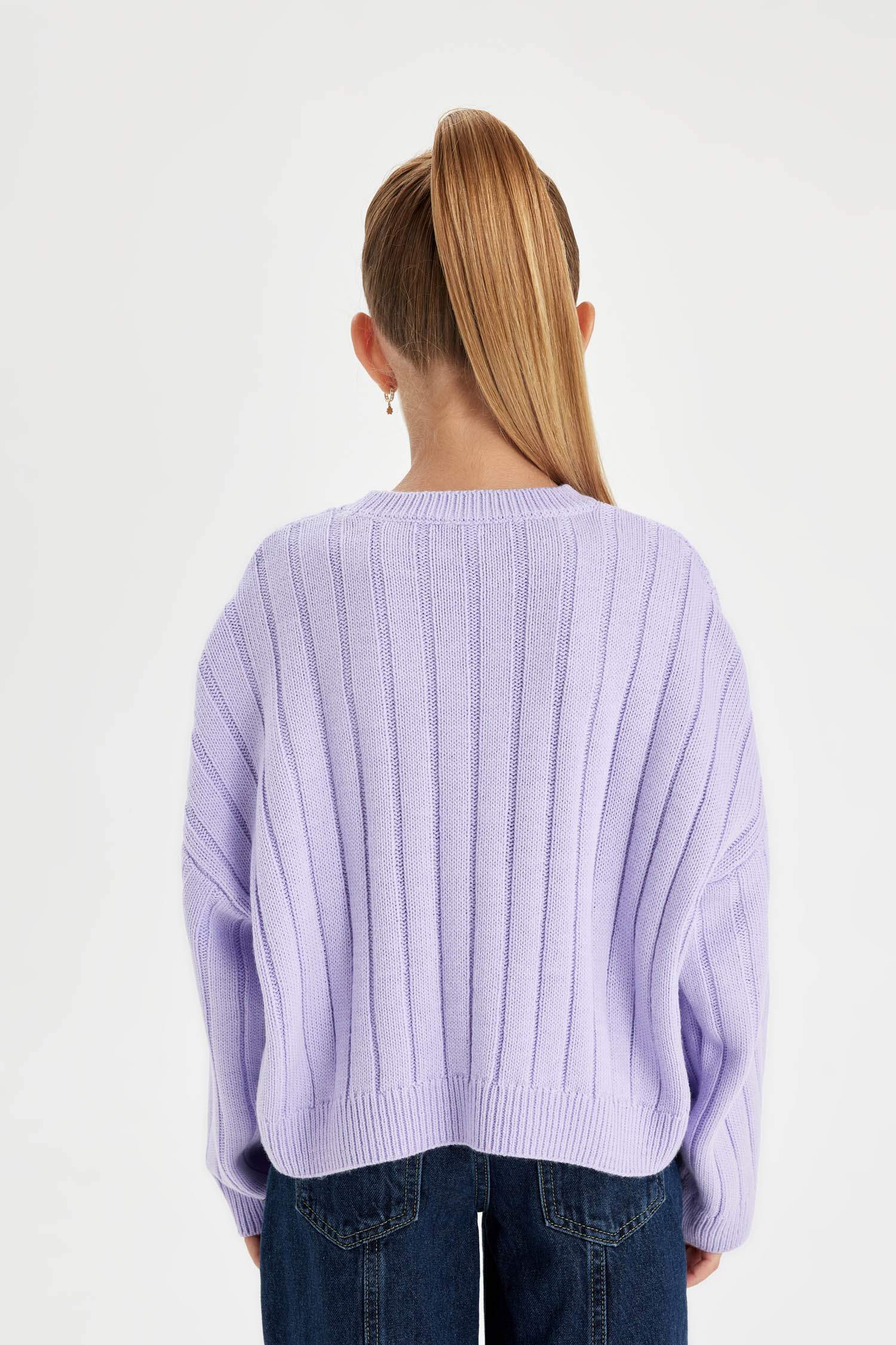 Kız Çocuk Oversize Geniş Kalıp Bisiklet Yaka Basic Düz Triko Kazak