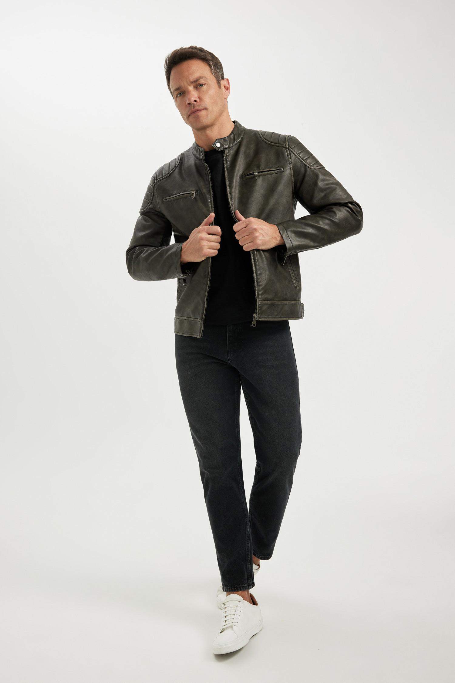 Slim Fit Suni Deri Mont Ceket Dar Kesim Dik Yaka Fermuarlı Cepli Astarlı Mevsimlik