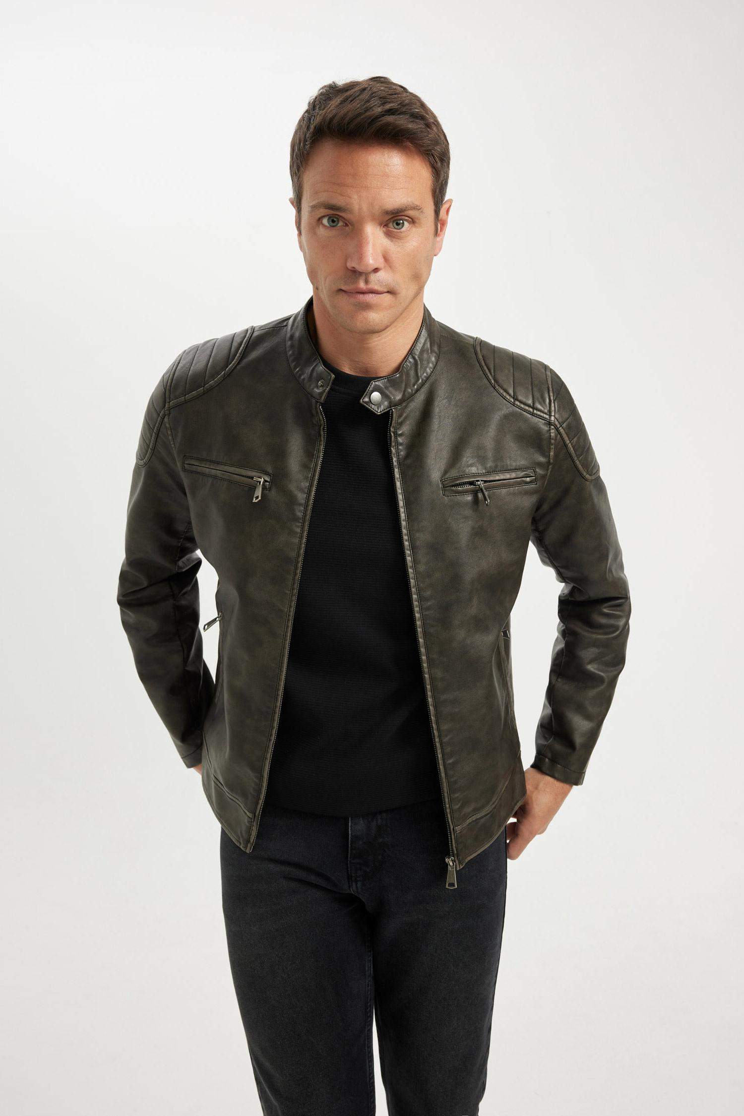 Slim Fit Suni Deri Mont Ceket Dar Kesim Dik Yaka Fermuarlı Cepli Astarlı Mevsimlik