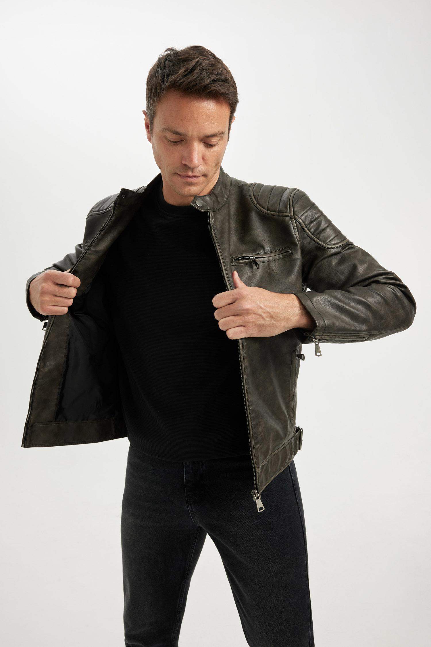 Slim Fit Suni Deri Mont Ceket Dar Kesim Dik Yaka Fermuarlı Cepli Astarlı Mevsimlik