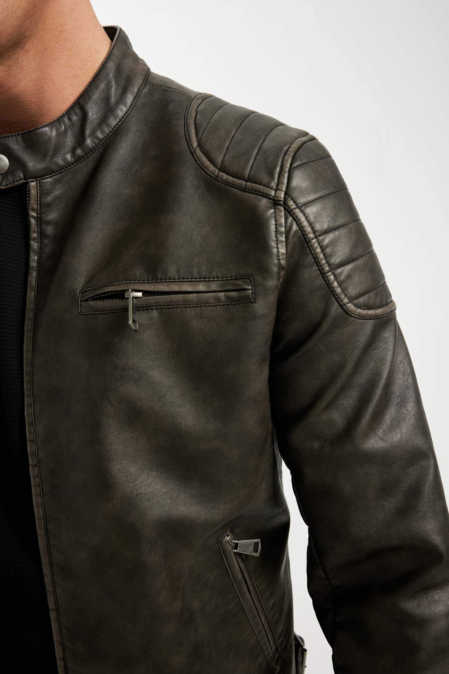 Slim Fit Suni Deri Mont Ceket Dar Kesim Dik Yaka Fermuarlı Cepli Astarlı Mevsimlik