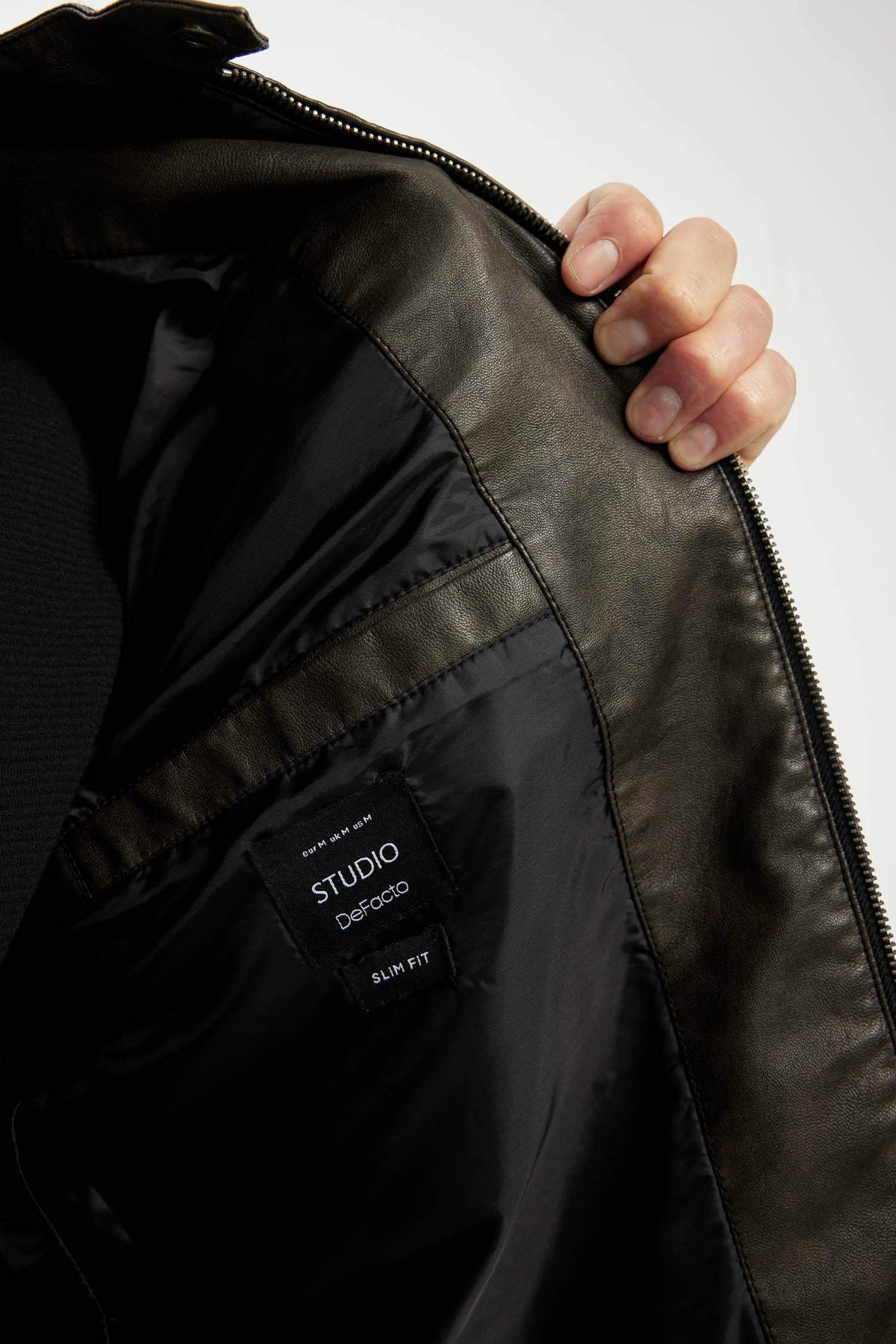 Slim Fit Suni Deri Mont Ceket Dar Kesim Dik Yaka Fermuarlı Cepli Astarlı Mevsimlik