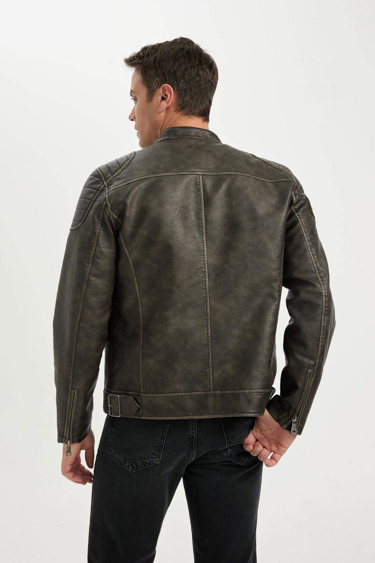 Slim Fit Suni Deri Mont Ceket Dar Kesim Dik Yaka Fermuarlı Cepli Astarlı Mevsimlik