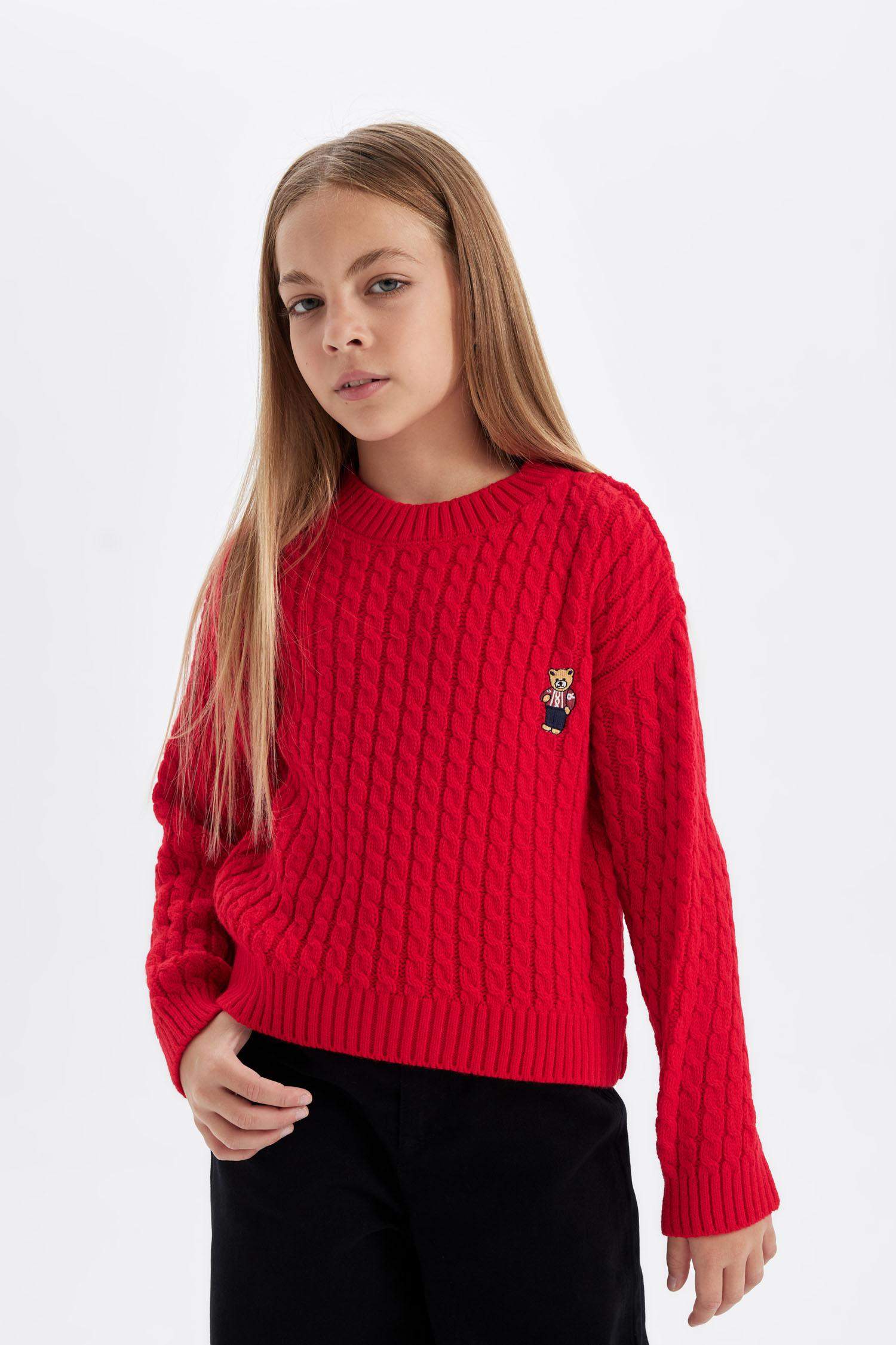 Pull tricot bordeaux à coupe standard et col rond pour Fille