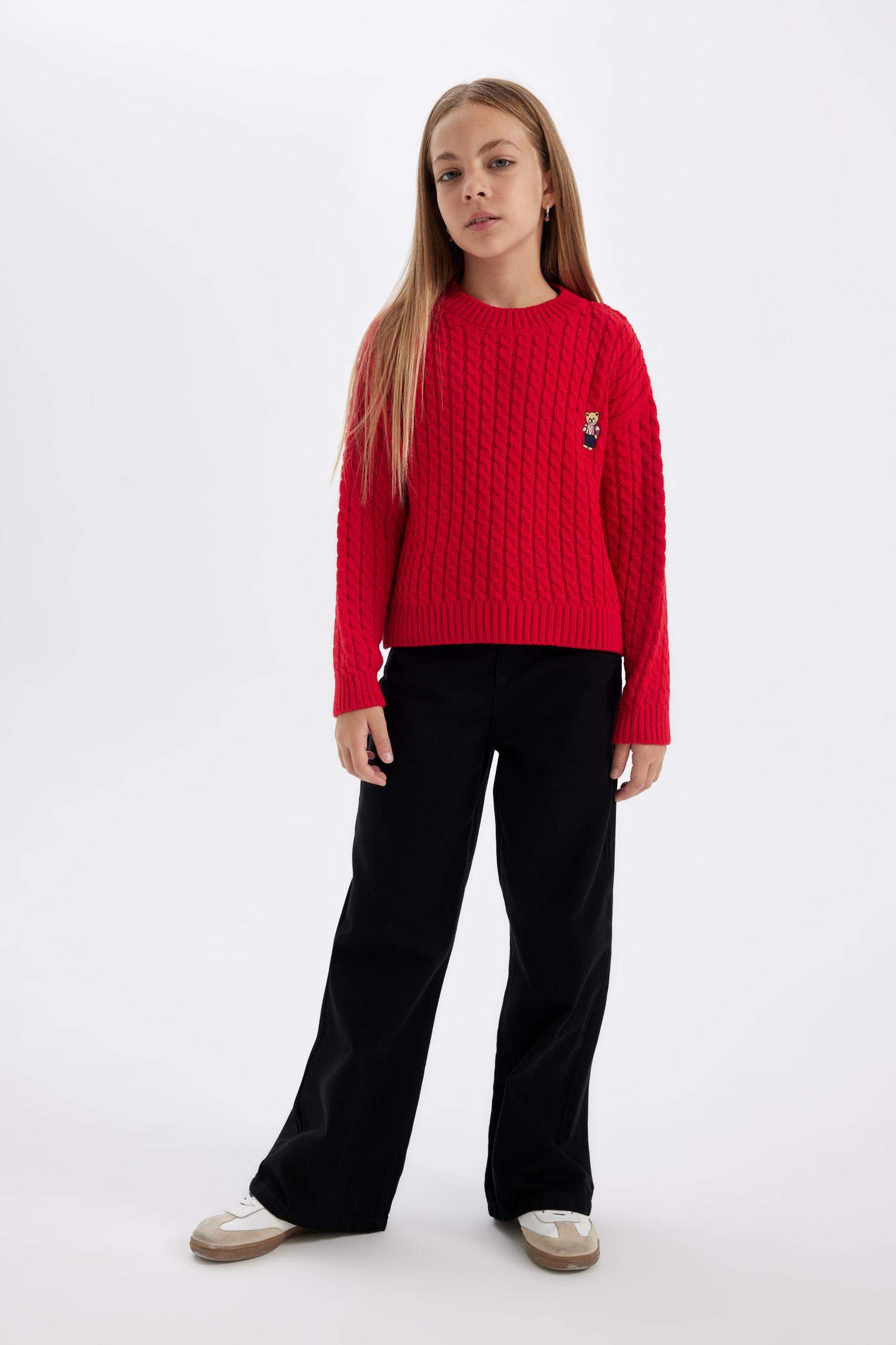 Pull tricot bordeaux à coupe standard et col rond pour Fille