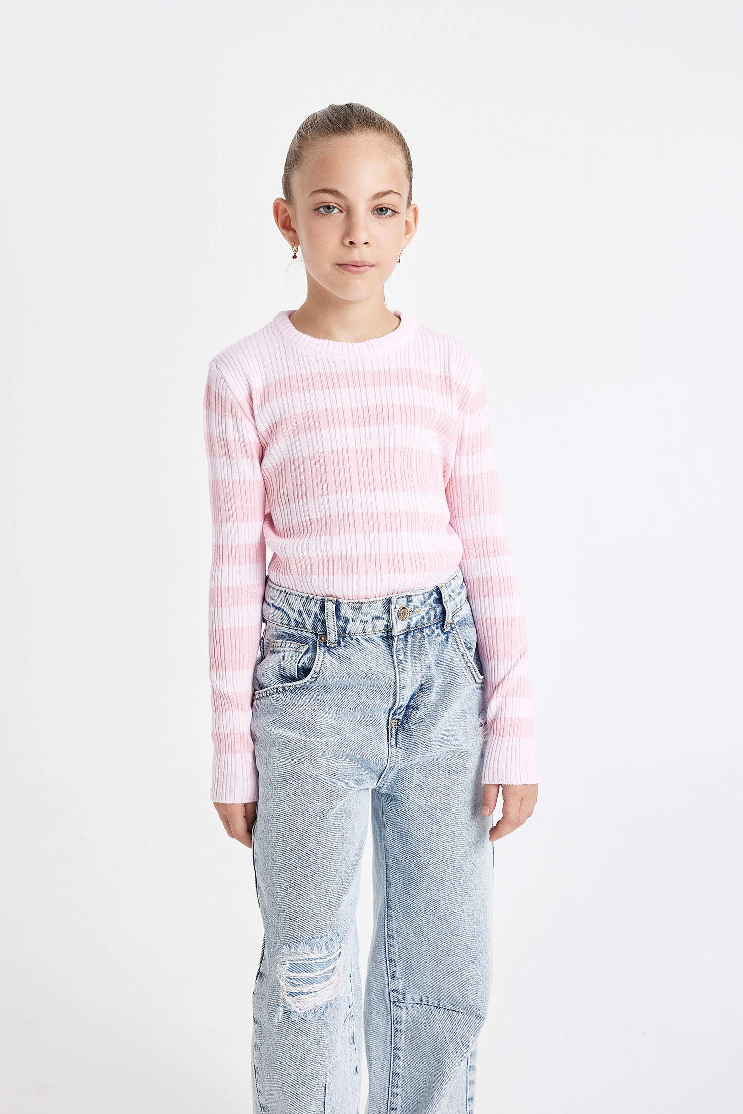 Girl Pink Striped Standard Fit Crew Neck Tight Knitted Pullover