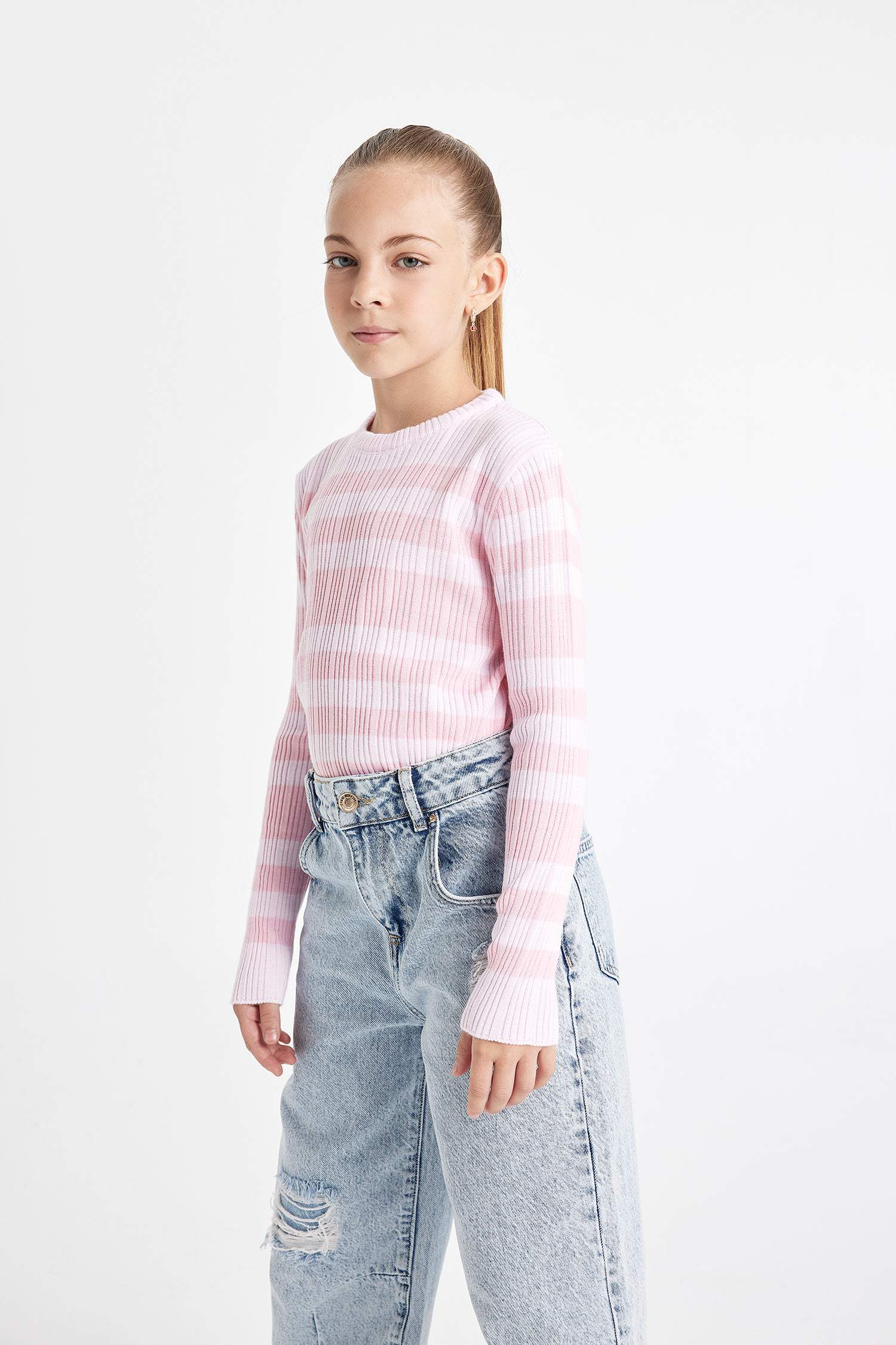 Girl Pink Striped Standard Fit Crew Neck Tight Knitted Pullover