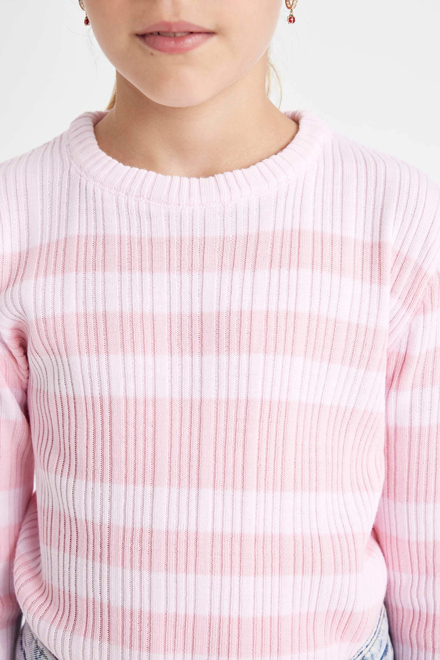 Girl Pink Striped Standard Fit Crew Neck Tight Knitted Pullover