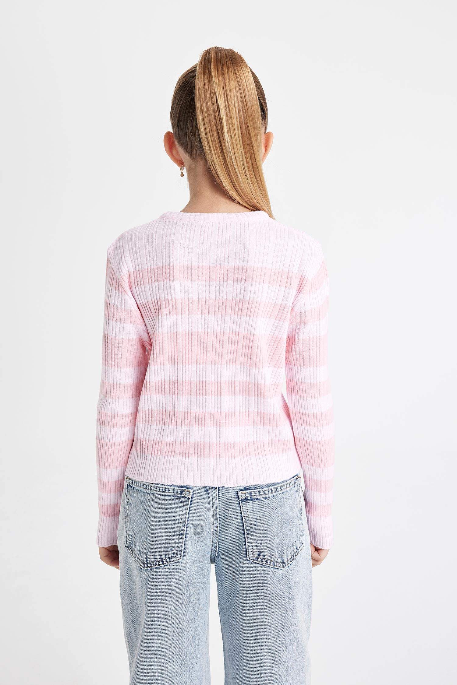 Girl Pink Striped Standard Fit Crew Neck Tight Knitted Pullover