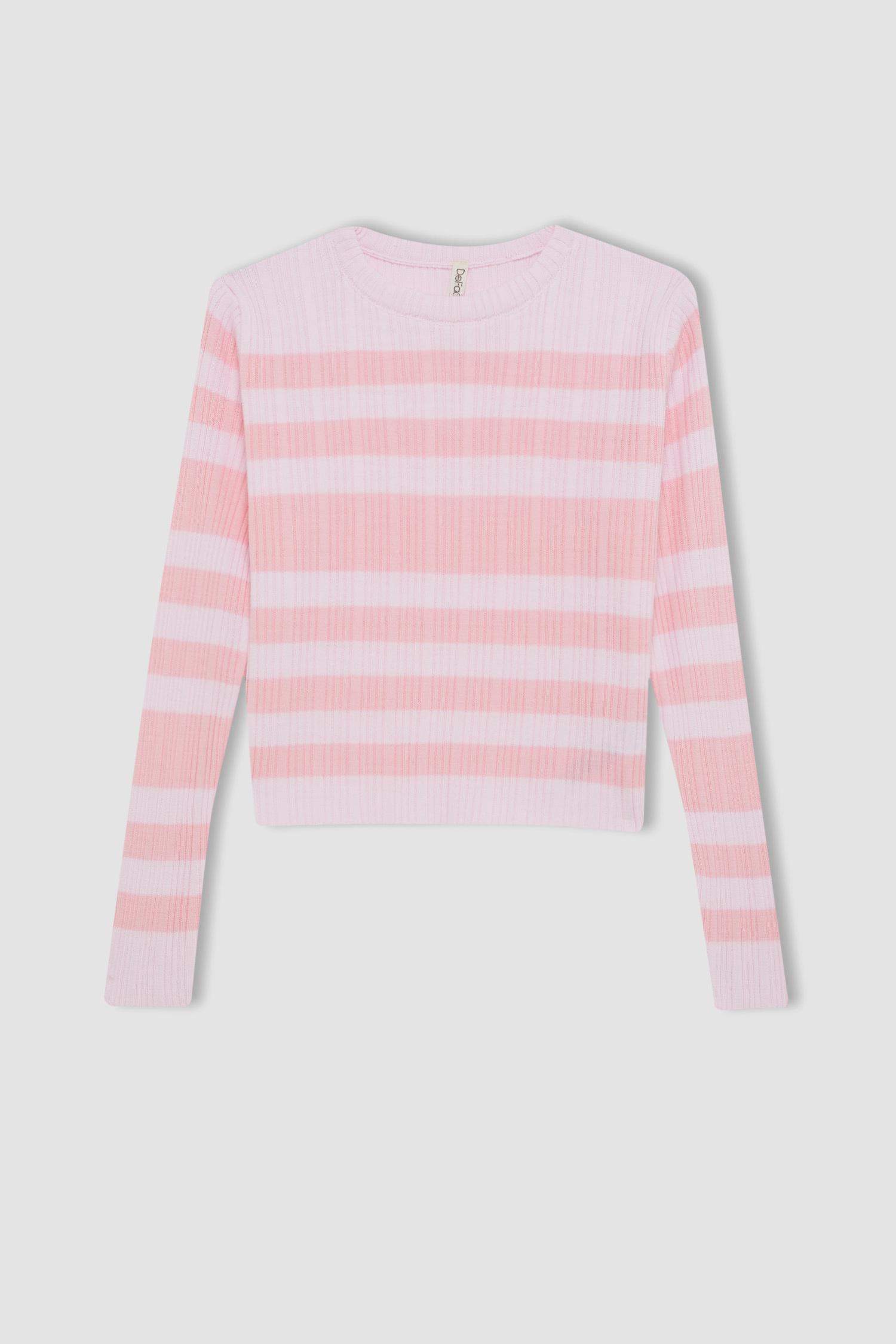 Girl Pink Striped Standard Fit Crew Neck Tight Knitted Pullover