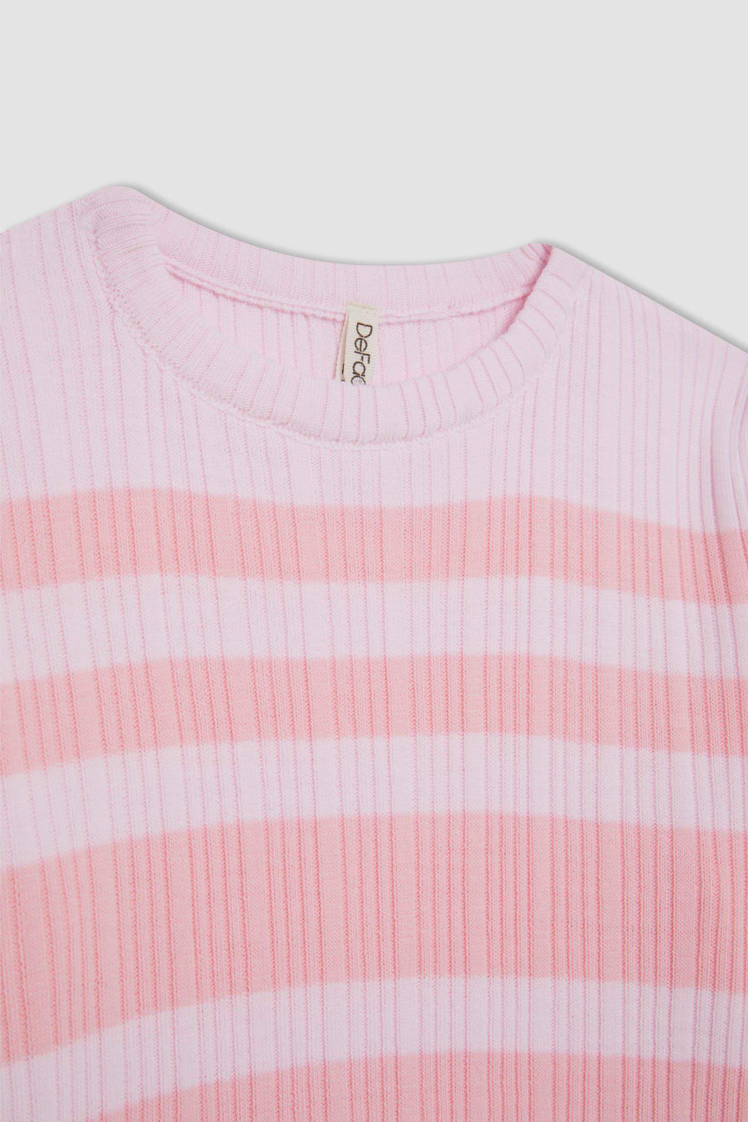 Girl Pink Striped Standard Fit Crew Neck Tight Knitted Pullover