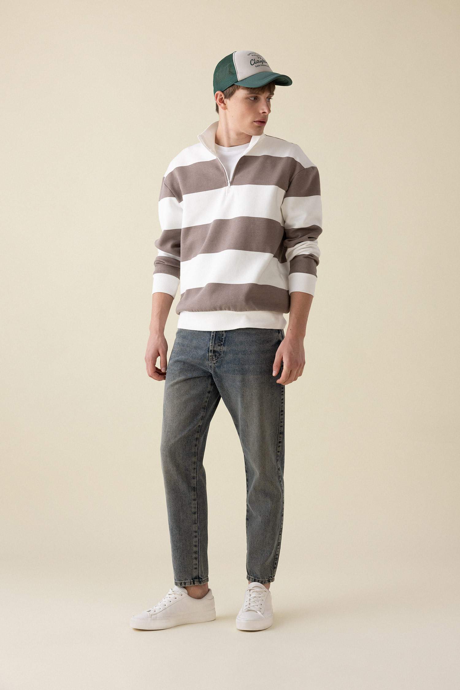 Boxy Fit Dik Yaka Yarım Fermuarlı Çizgili Sweatshirt