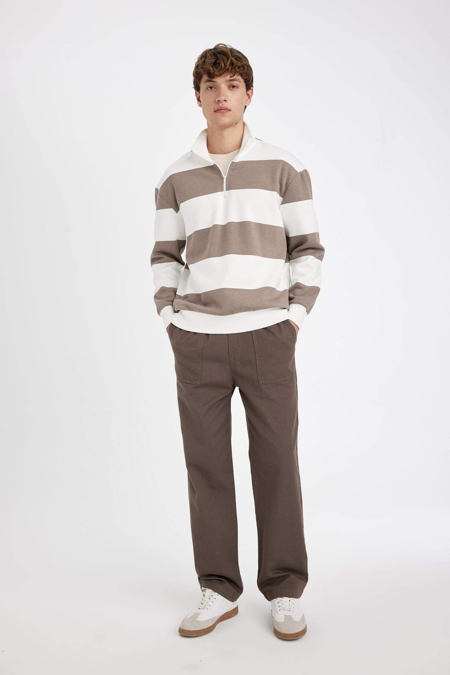 Boxy Fit Dik Yaka Yarım Fermuarlı Çizgili Sweatshirt