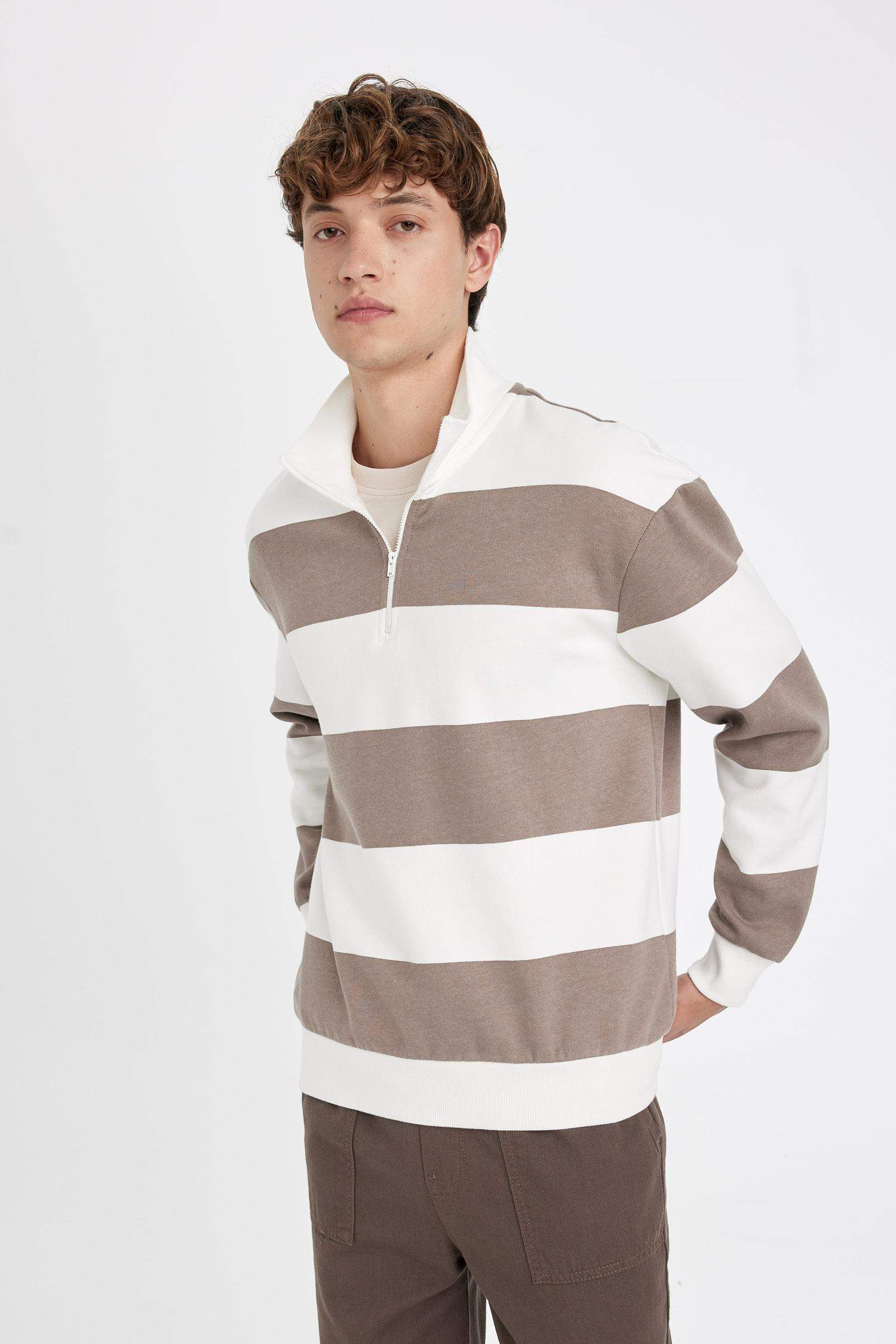Boxy Fit Dik Yaka Yarım Fermuarlı Çizgili Sweatshirt