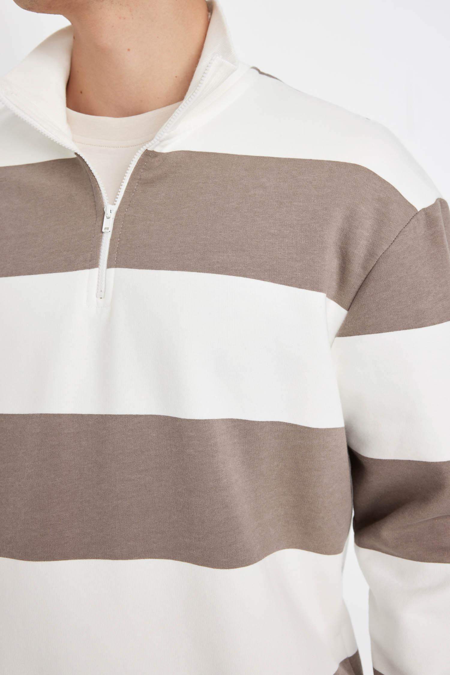 Boxy Fit Dik Yaka Yarım Fermuarlı Çizgili Sweatshirt