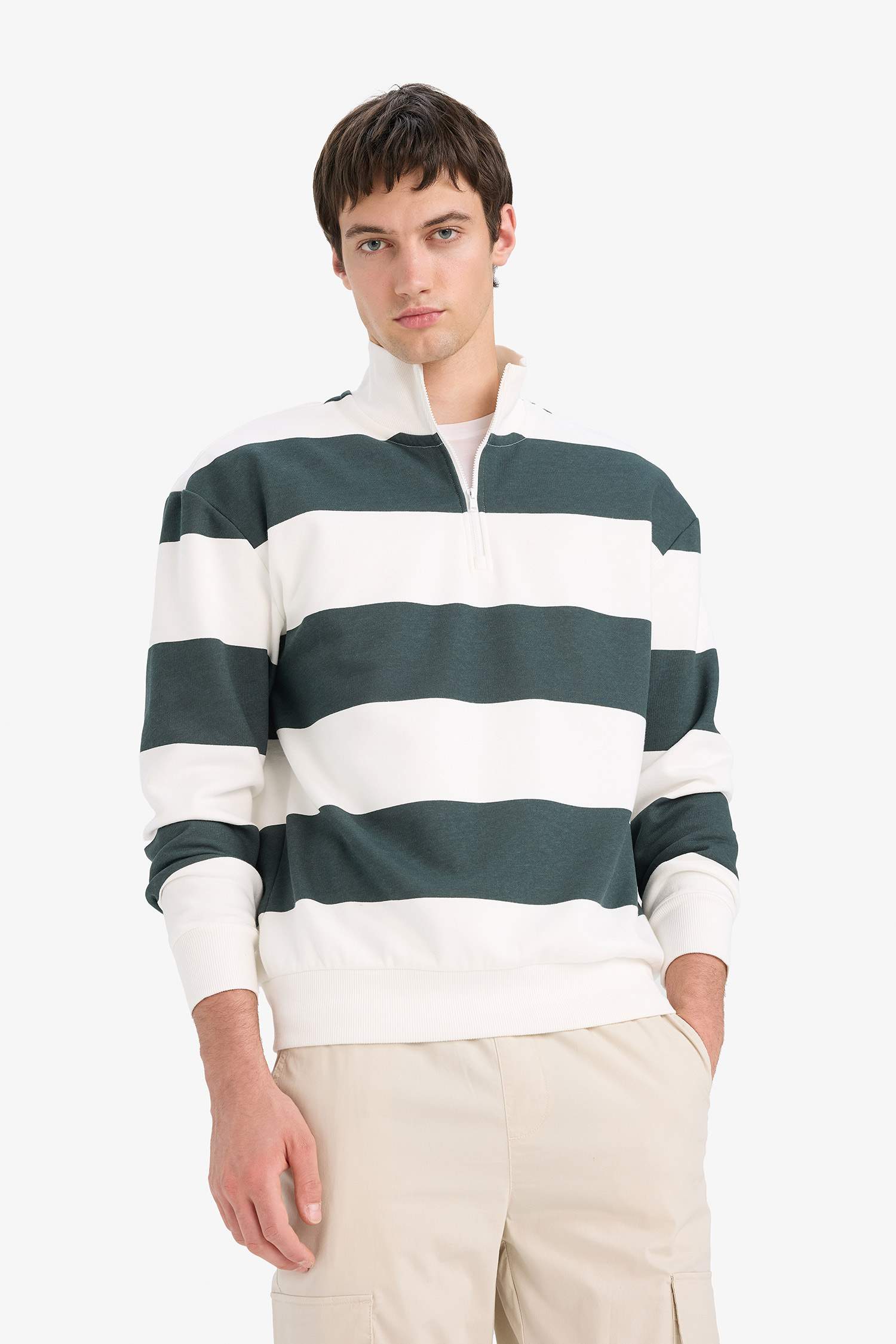 Boxy Fit Dik Yaka Yarım Fermuarlı Çizgili Sweatshirt