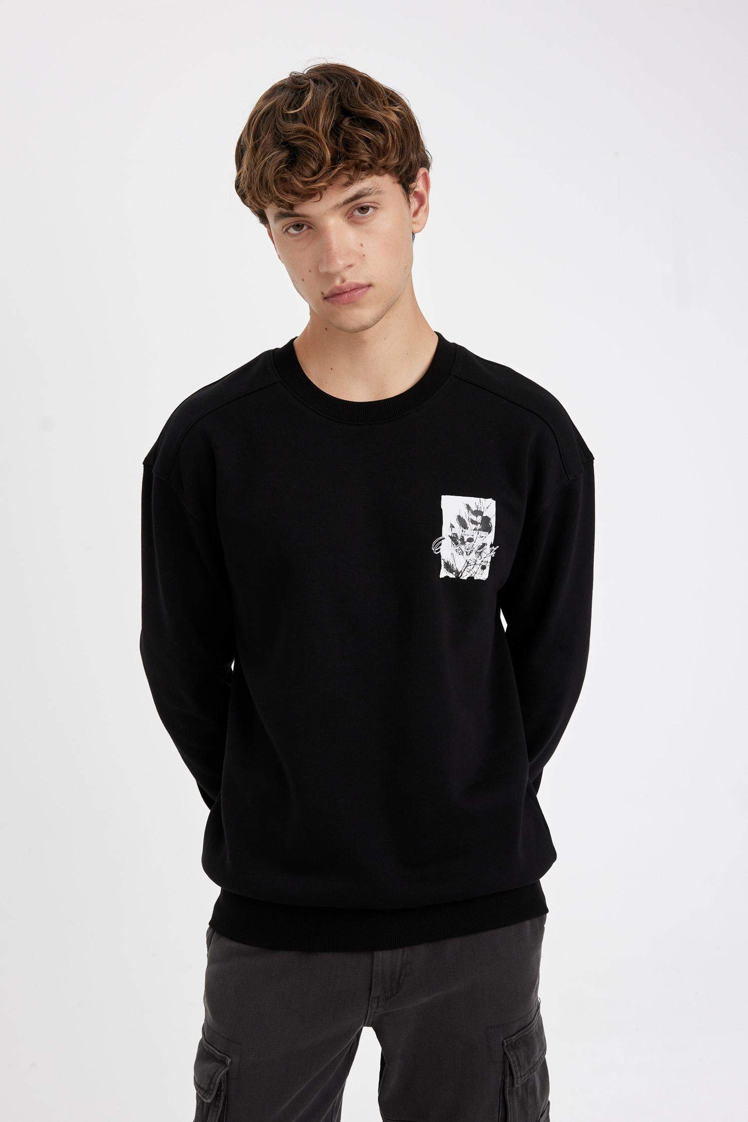 Boxy Fit Bisiklet Yaka Baskılı Sweatshirt