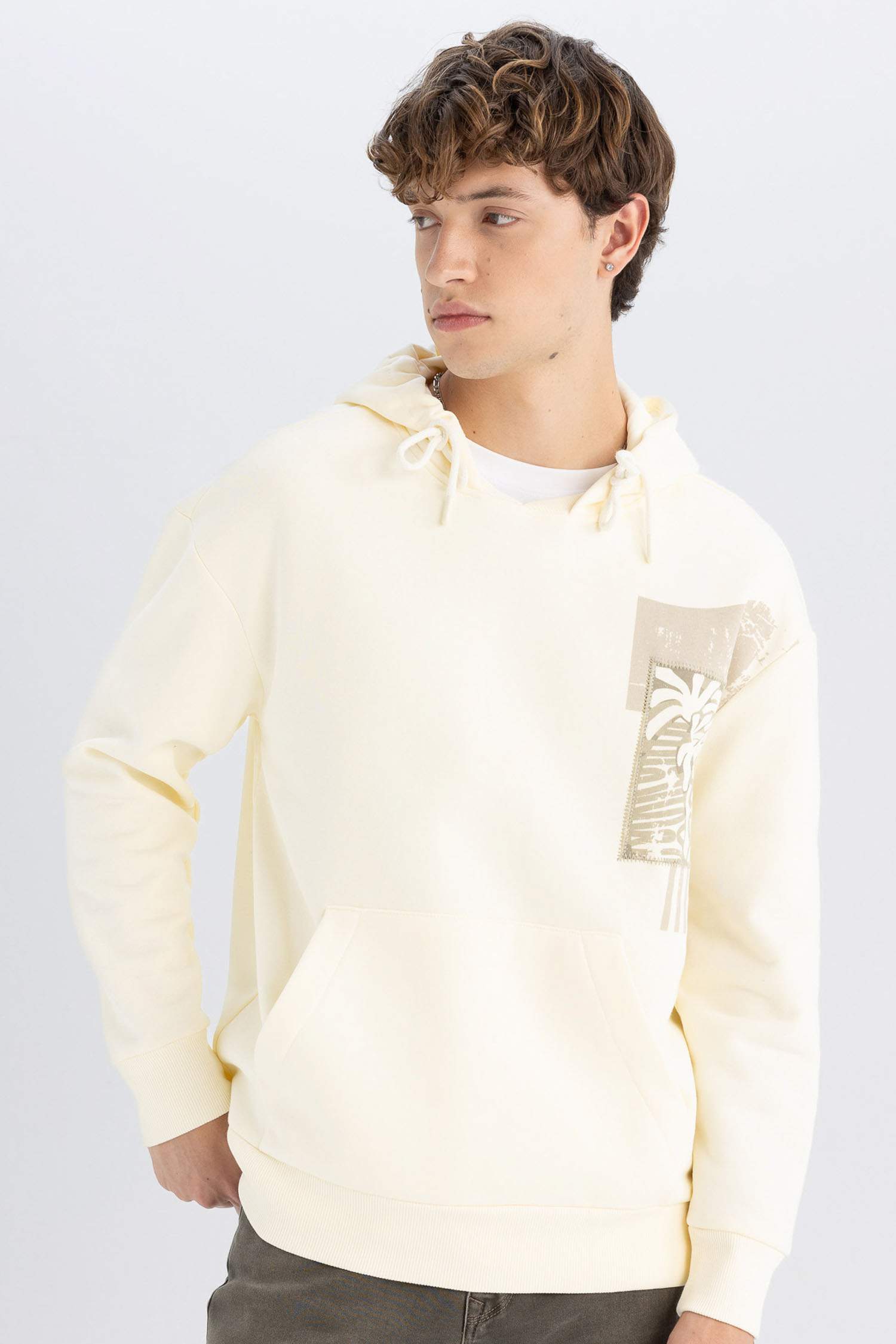 Boxy Fit Hooded Printed Kangaroo Pocket Sweatshirt