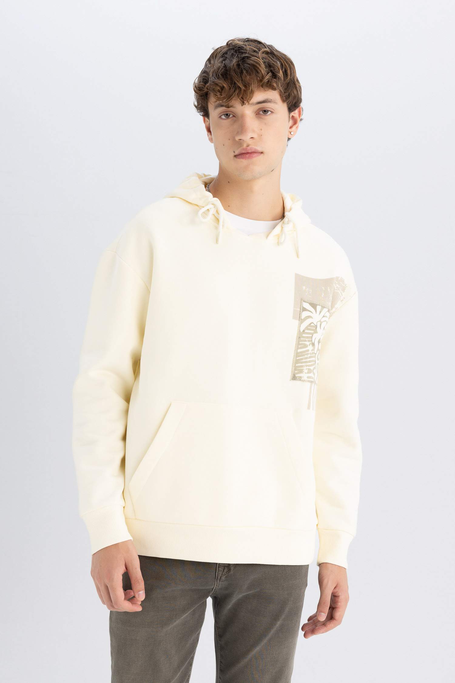 Boxy Fit Hooded Printed Kangaroo Pocket Sweatshirt
