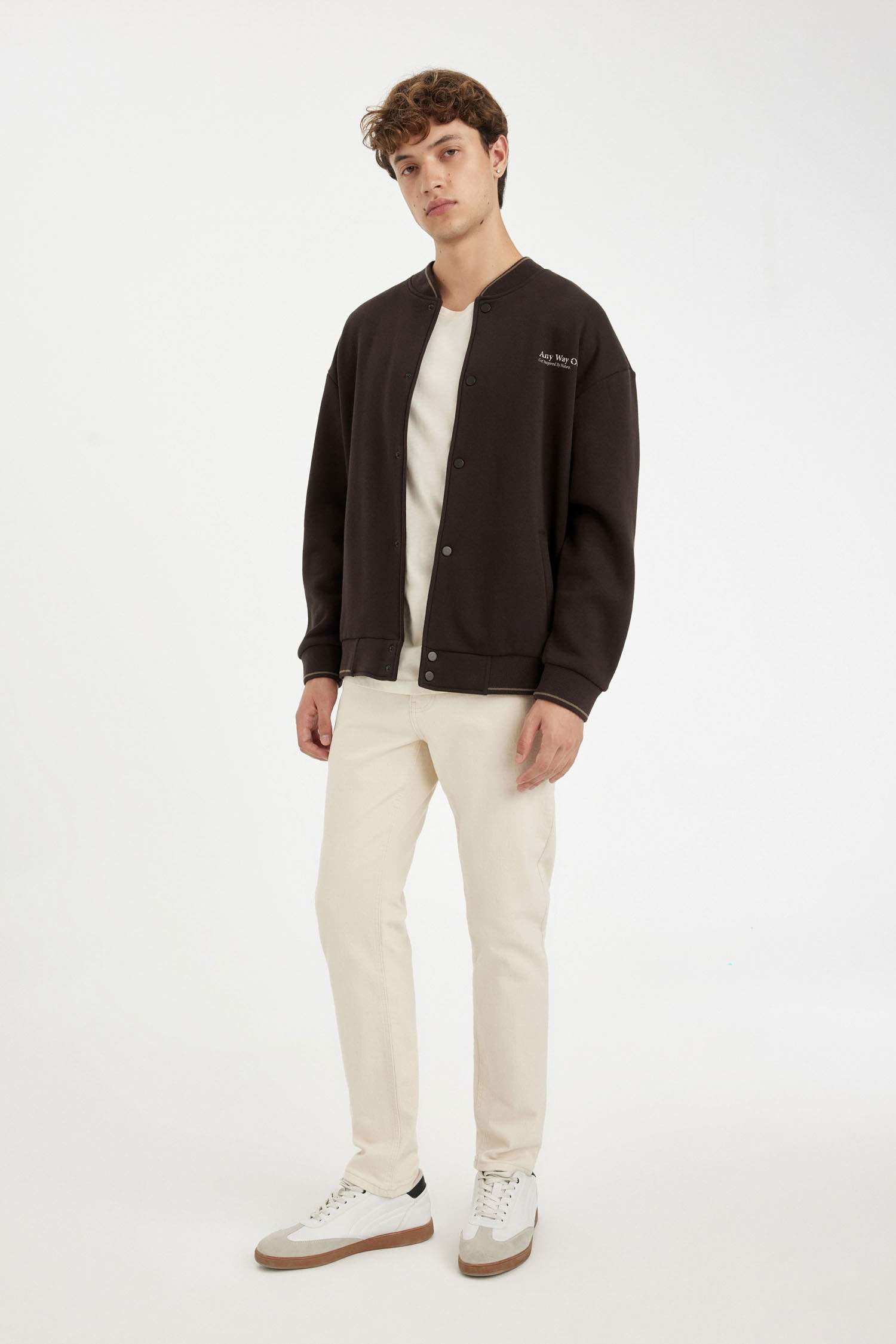 Oversize Geniş Kalıp Kolej Yaka Baskılı Çıtçıtlı Çift Cepli Mevsimlik İçi Yumuşak Tüylü Bomber Hırka