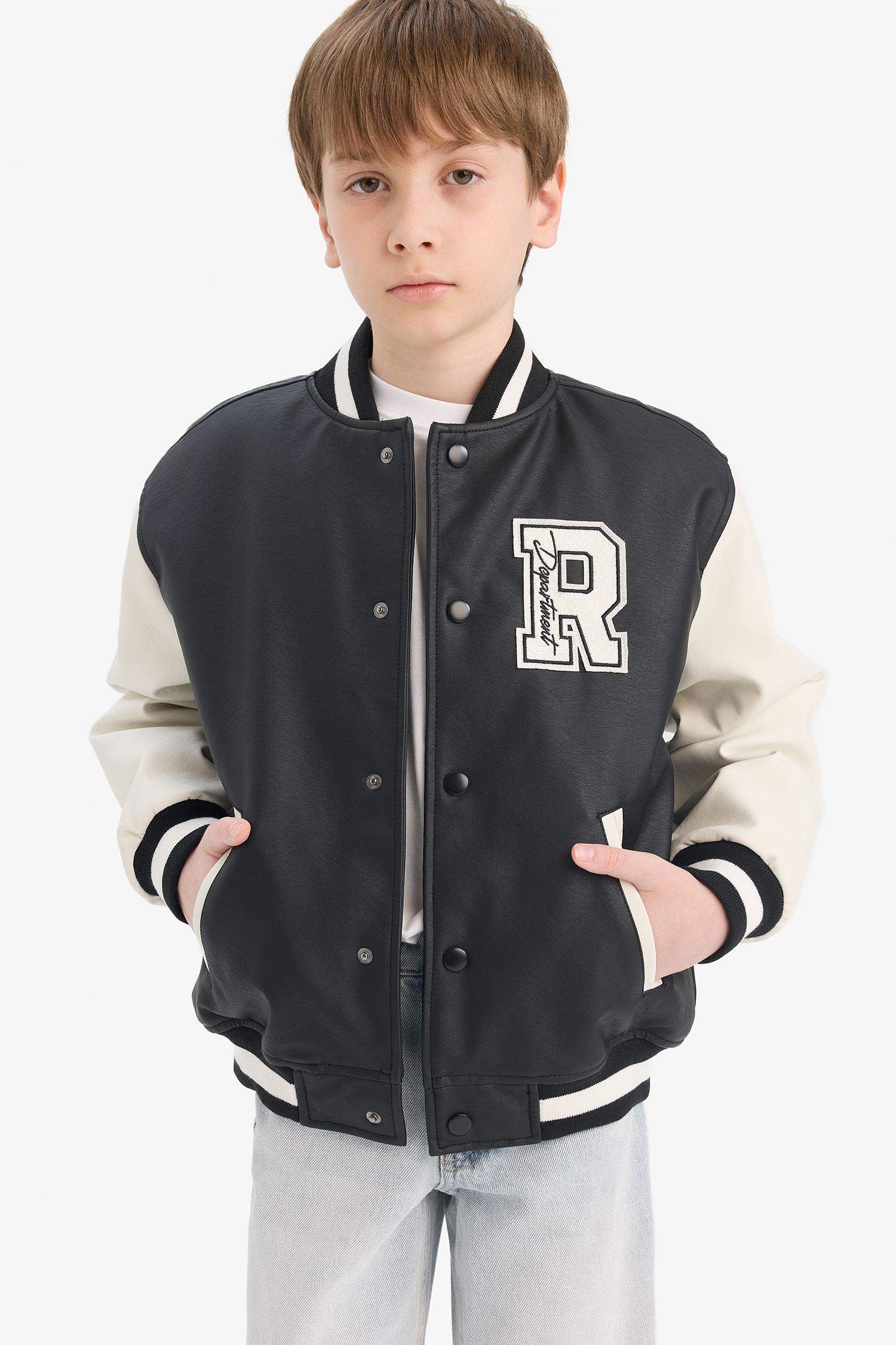 جاكيت بومبر اولادي جلد صناعي وتر بروف بياقة كوليج