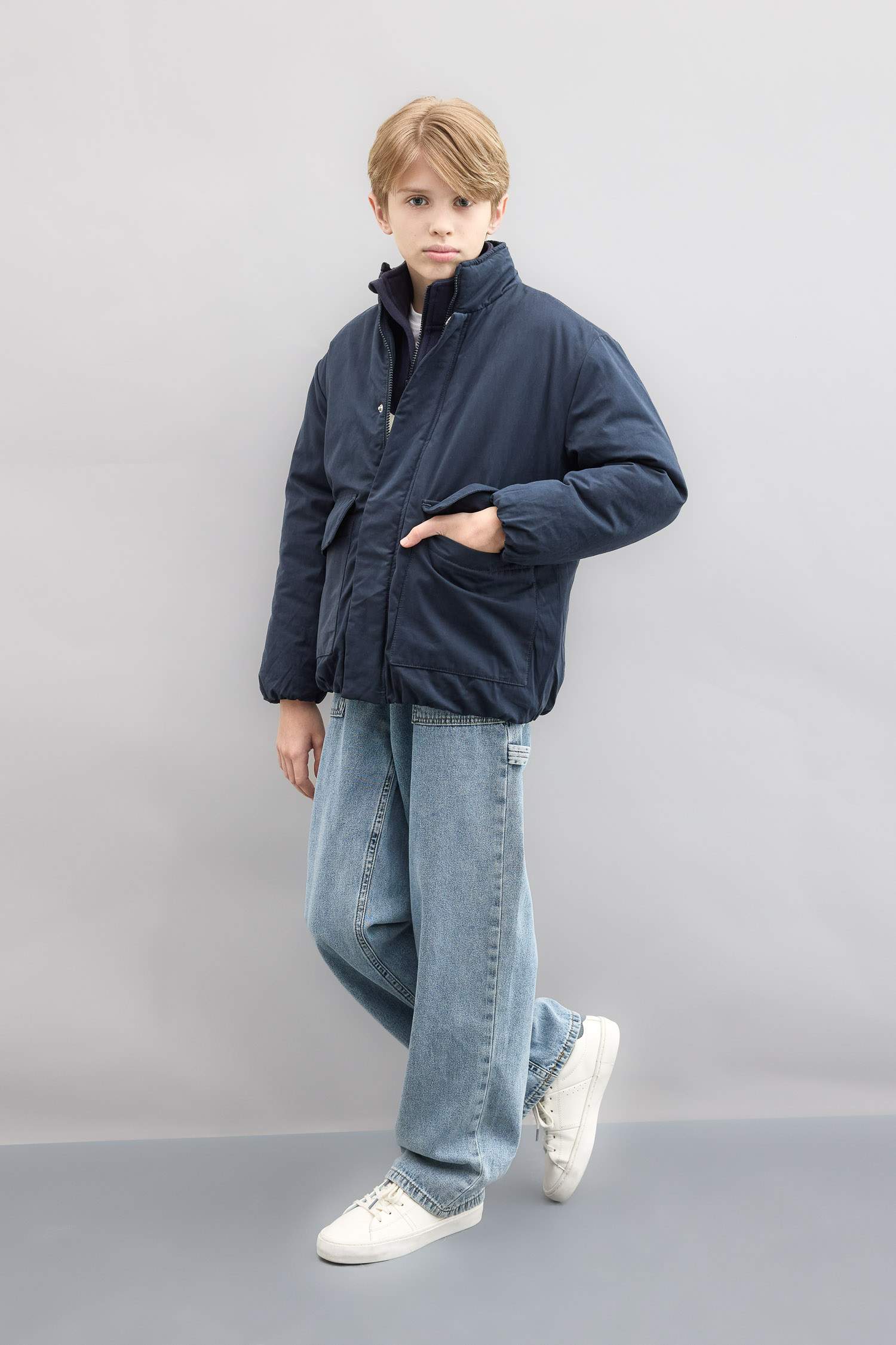 Erkek Çocuk Su Geçirmez Dik Yaka Fermuarlı Çıtçıtlı Cepli Mont