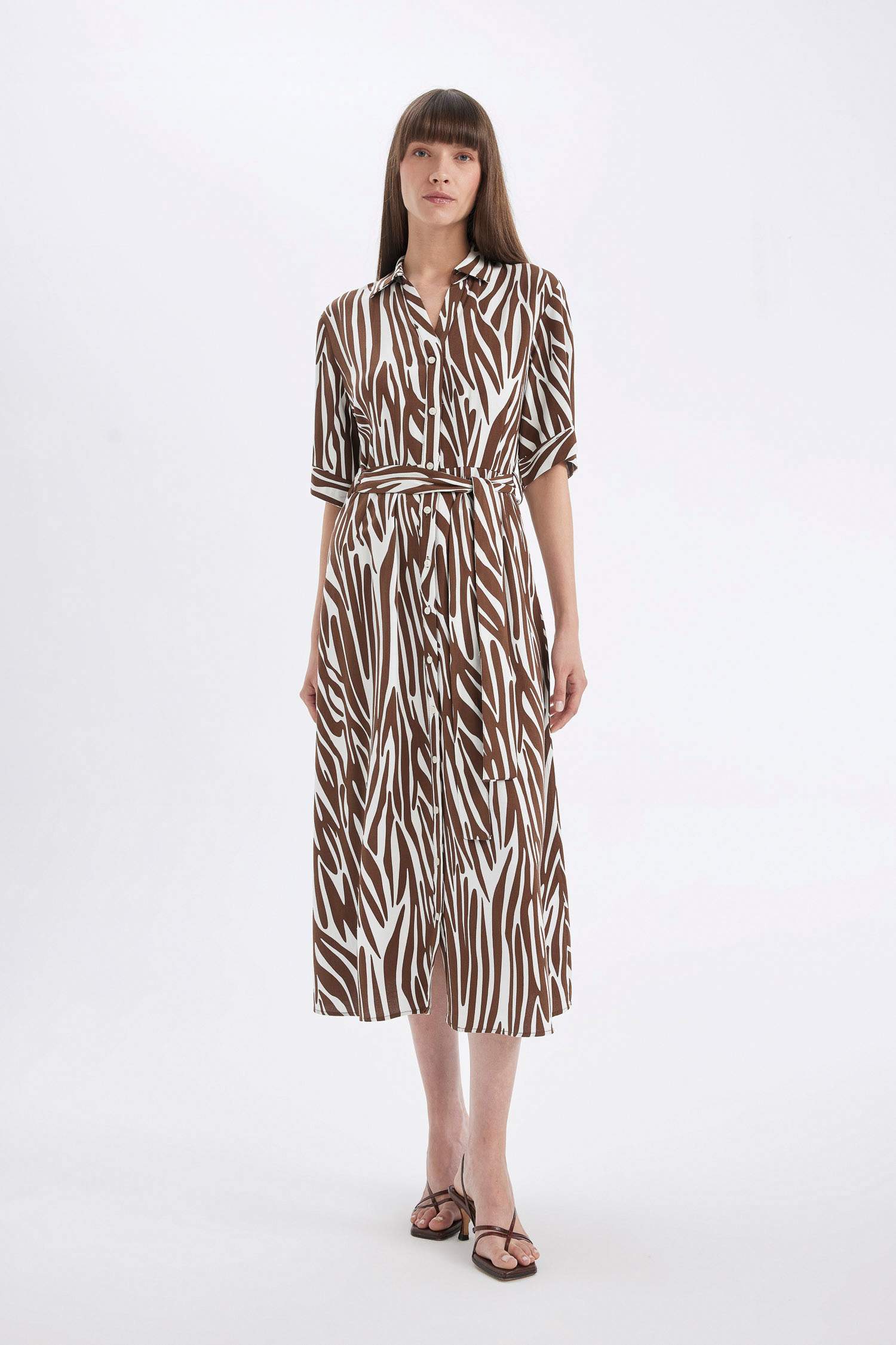 Shirt Collar Patterned Linen Blend Midi Dress