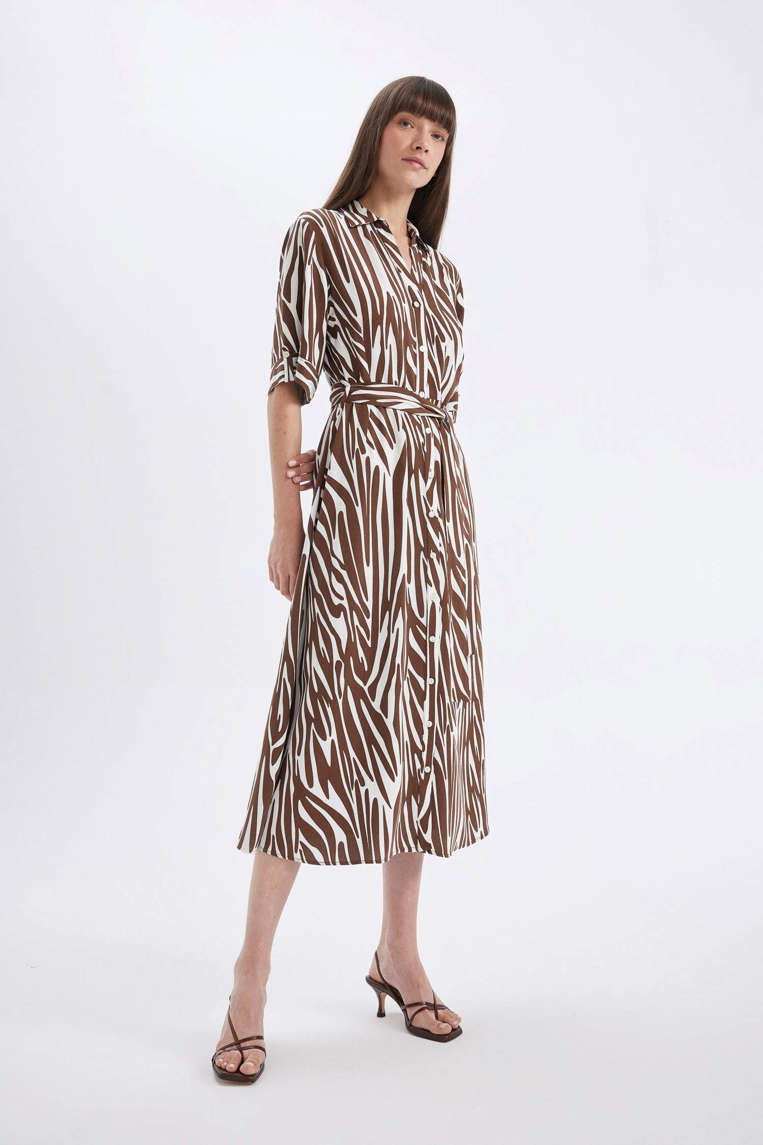 Shirt Collar Patterned Linen Blend Midi Dress