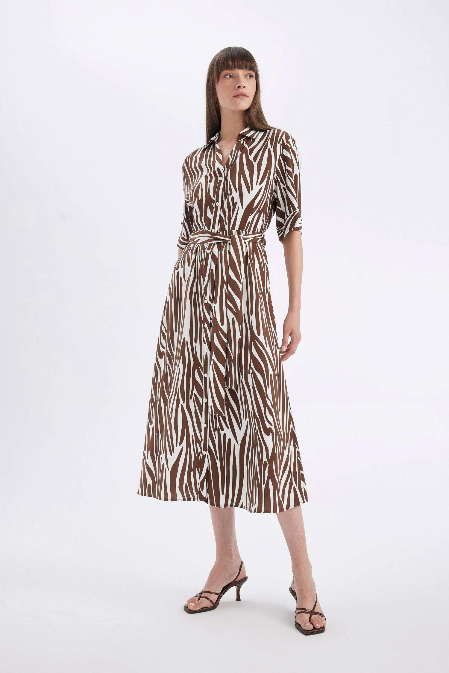 Shirt Collar Patterned Linen Blend Midi Dress