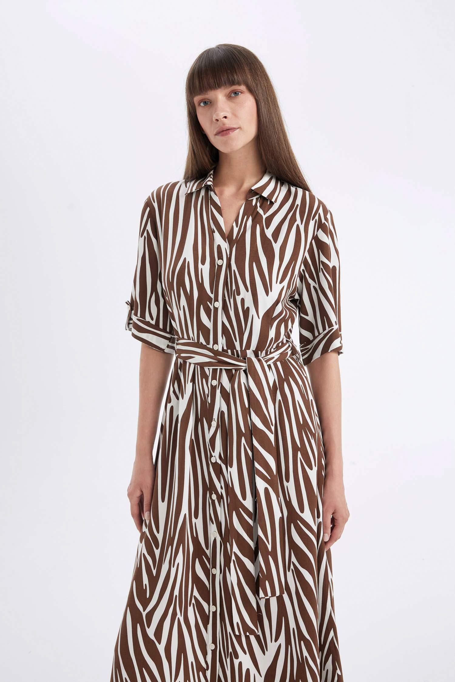 Shirt Collar Patterned Linen Blend Midi Dress