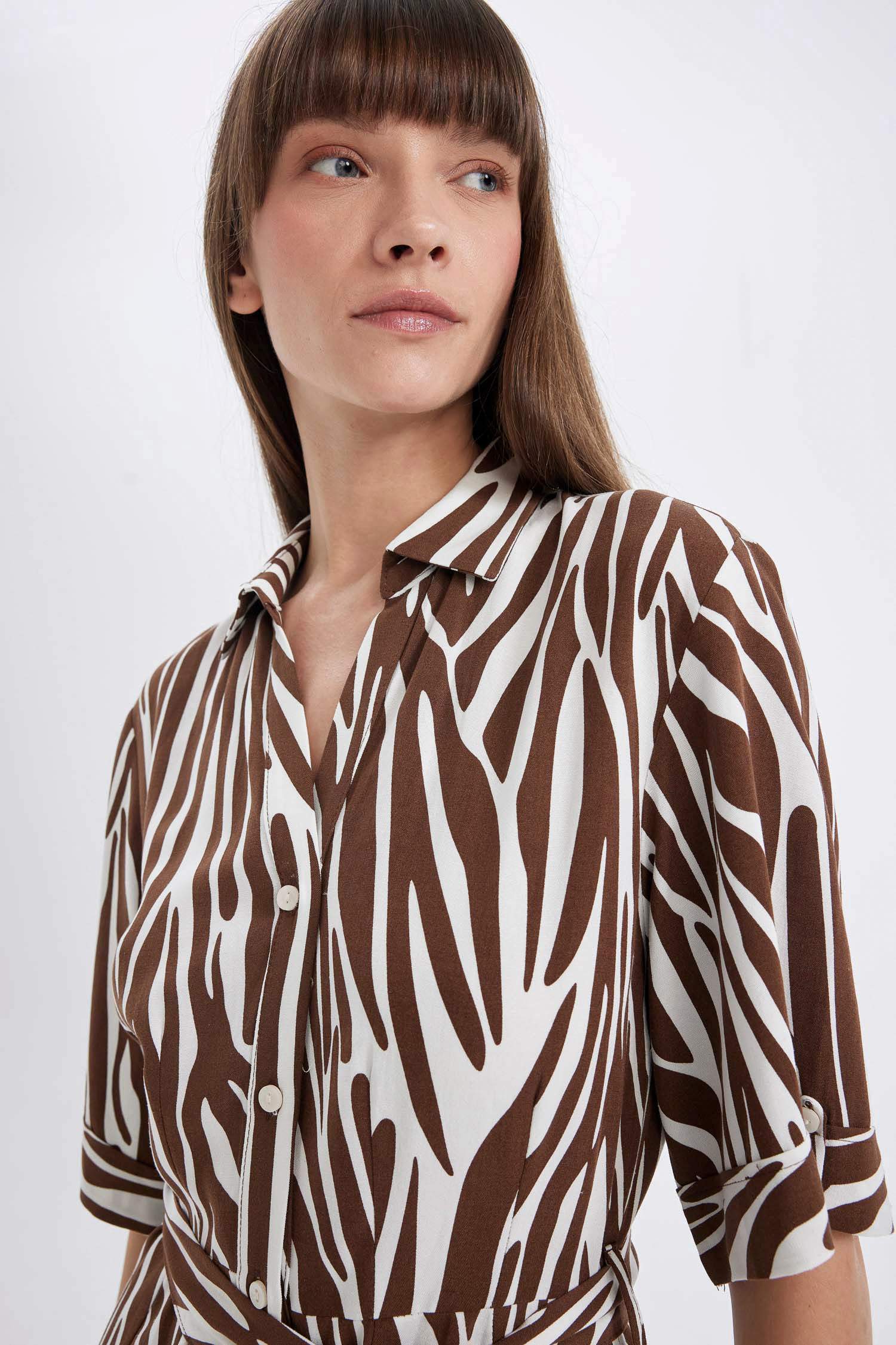 Shirt Collar Patterned Linen Blend Midi Dress