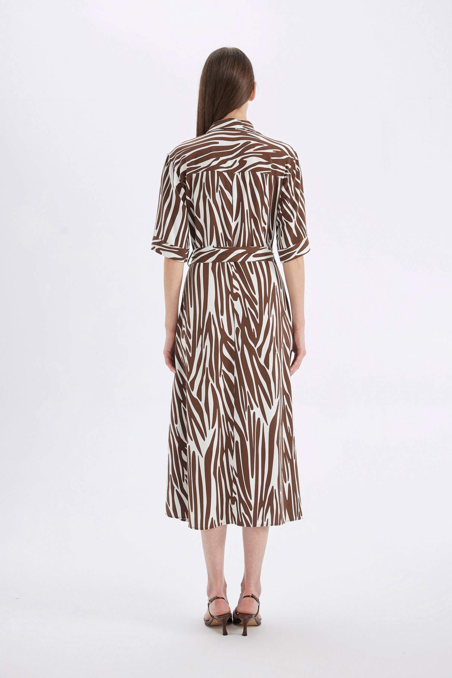 Shirt Collar Patterned Linen Blend Midi Dress