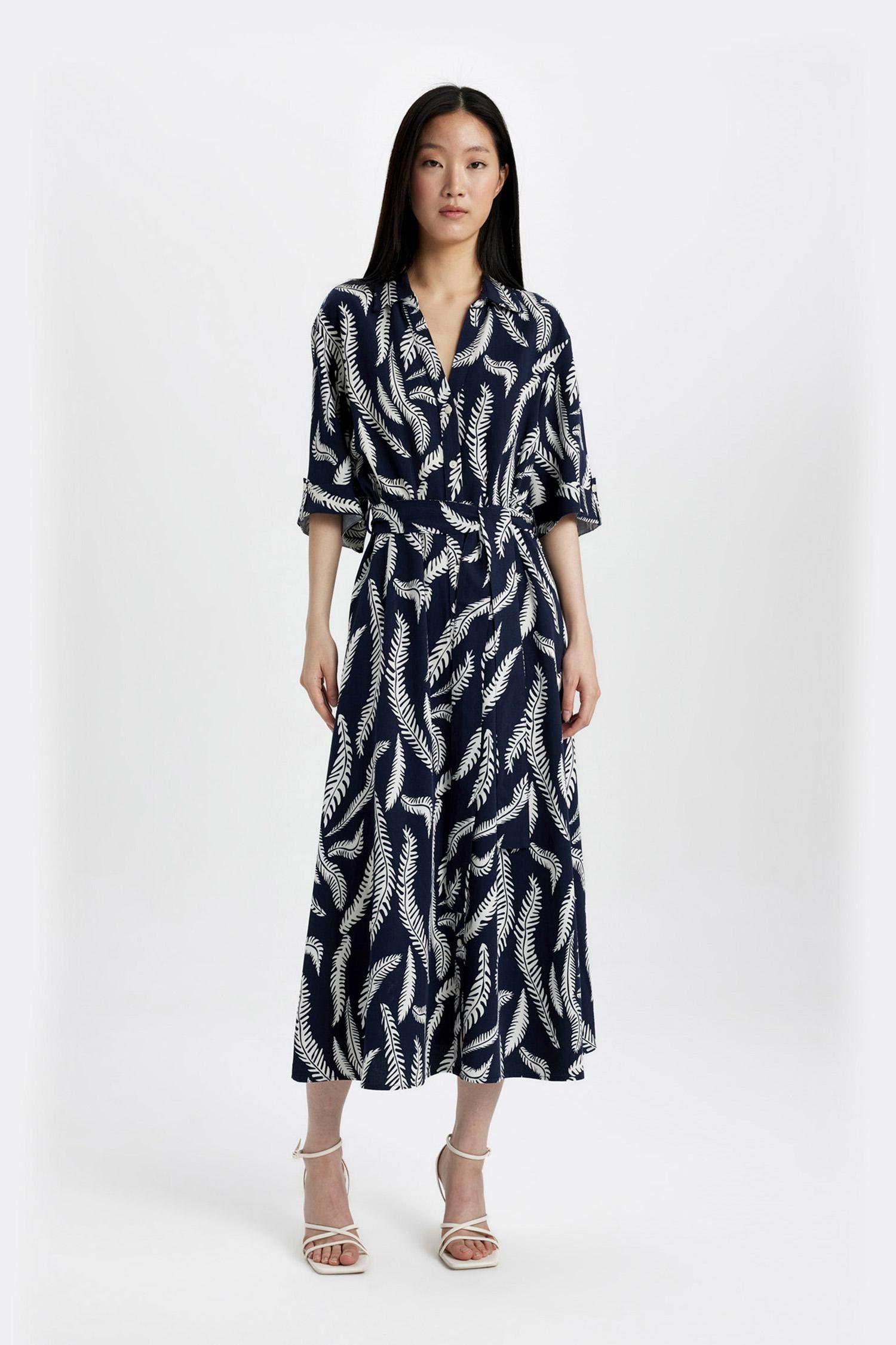 Shirt Collar Patterned Linen Blend Midi Dress