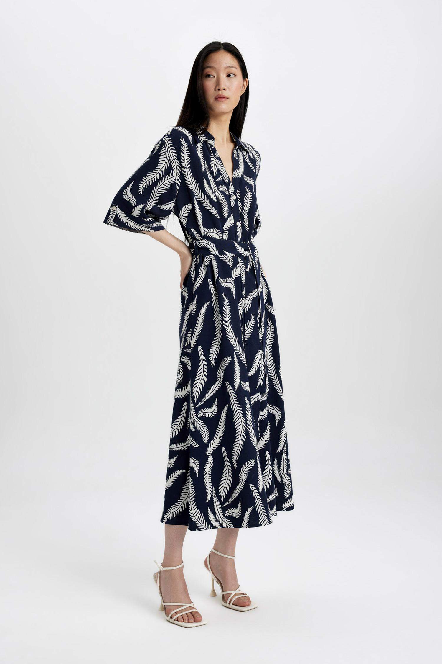 Shirt Collar Patterned Linen Blend Midi Dress