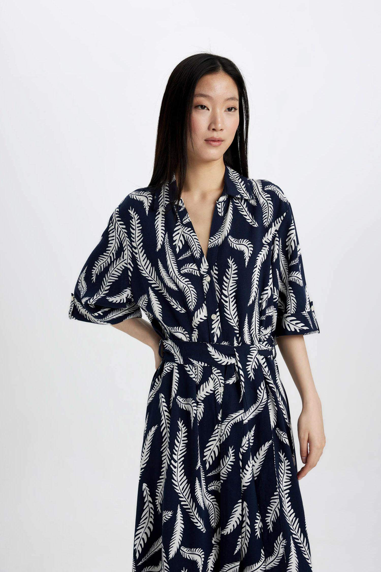 Shirt Collar Patterned Linen Blend Midi Dress