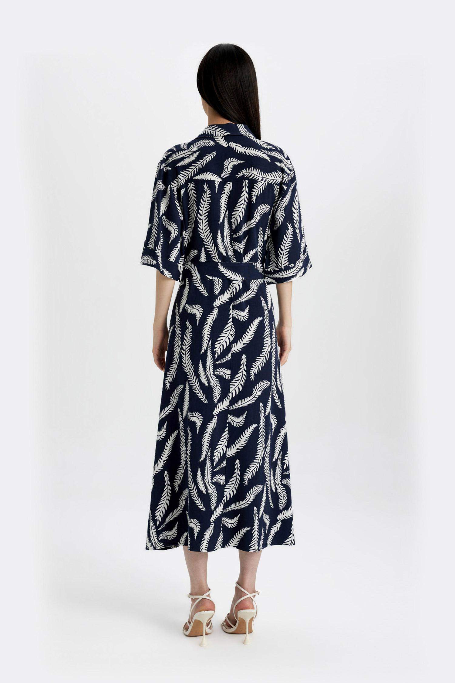 Shirt Collar Patterned Linen Blend Midi Dress