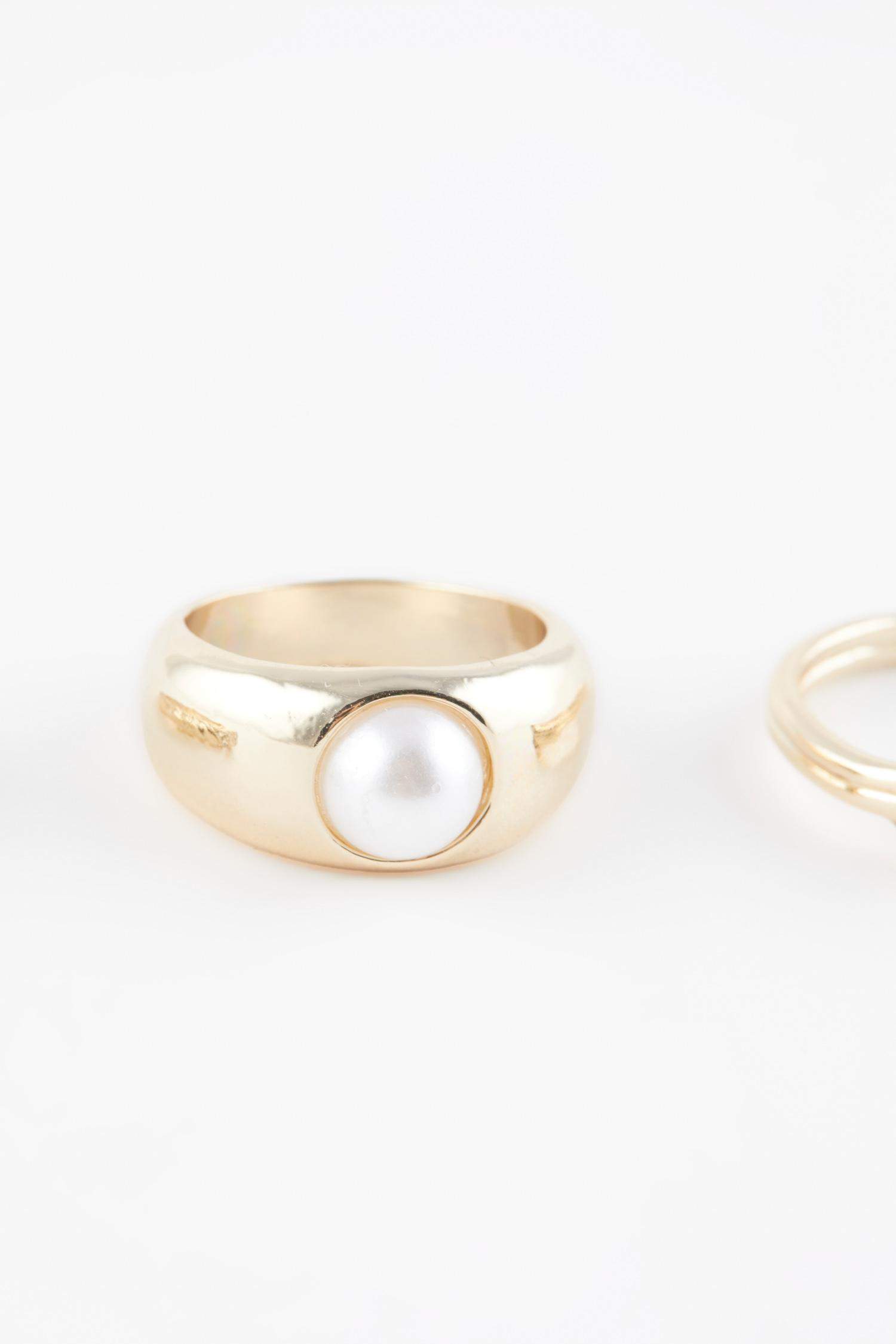 خاتم حريمي ذهبي باللؤلؤ - 3 قطع