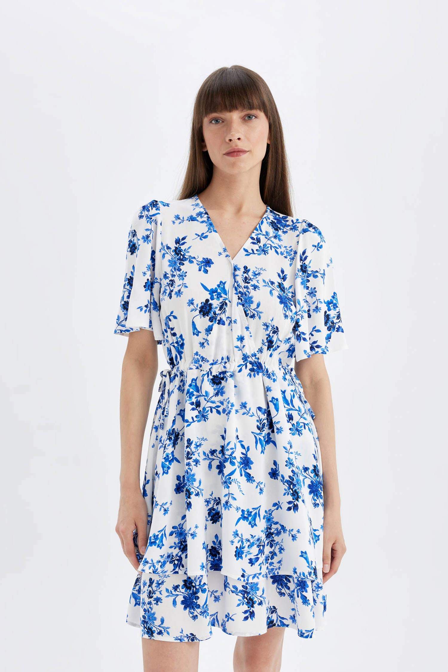 Wrap Neck Patterned Half Sleeve Mini Dress