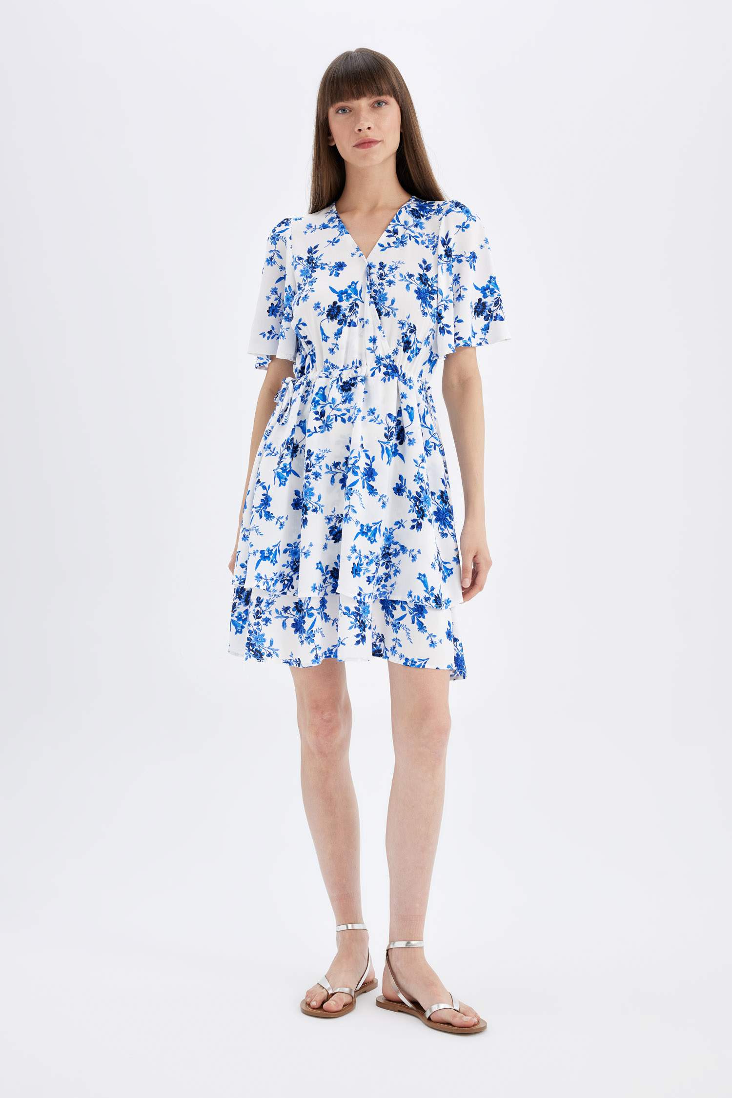 Wrap Neck Patterned Half Sleeve Mini Dress