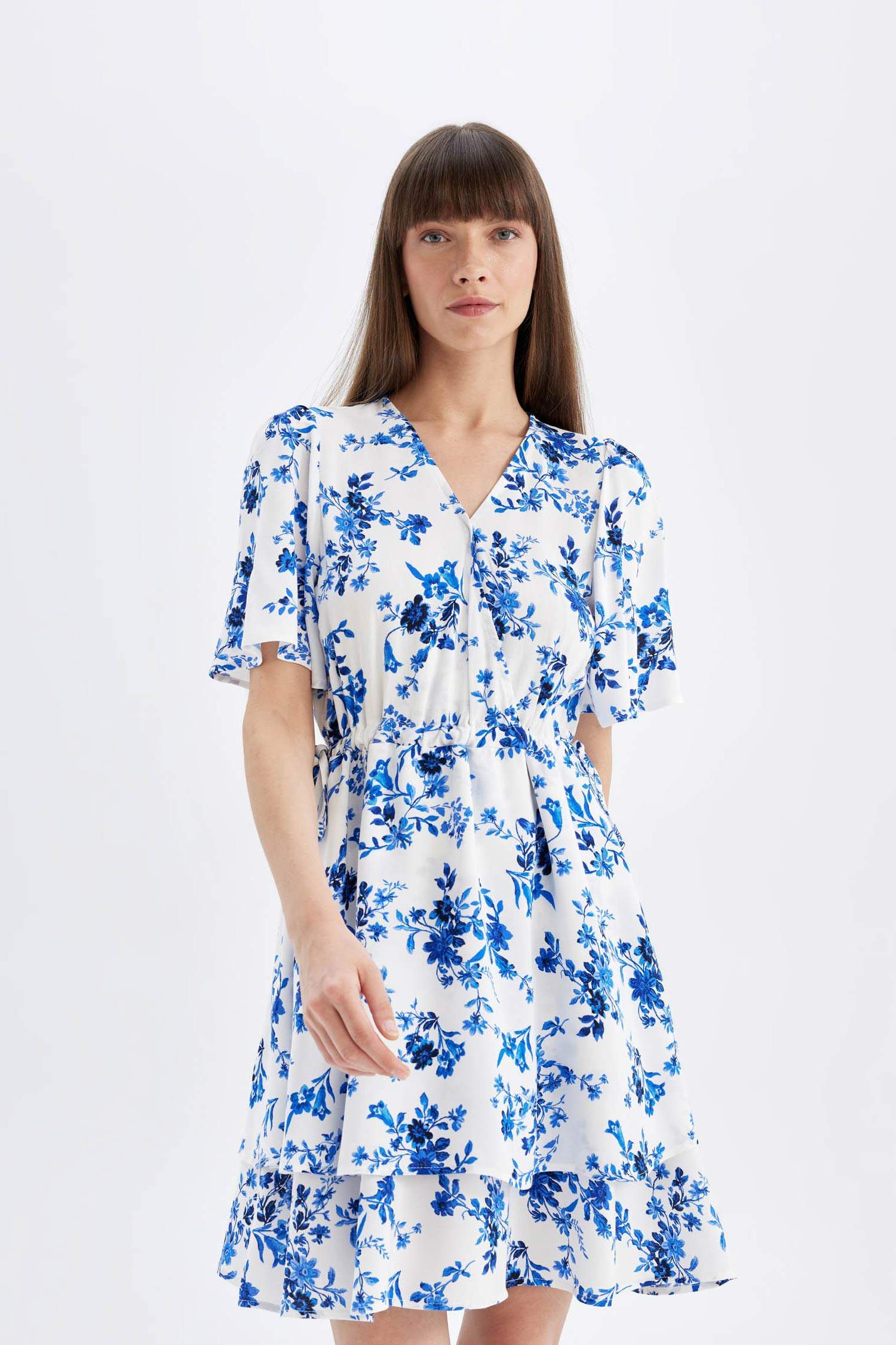 Wrap Neck Patterned Half Sleeve Mini Dress