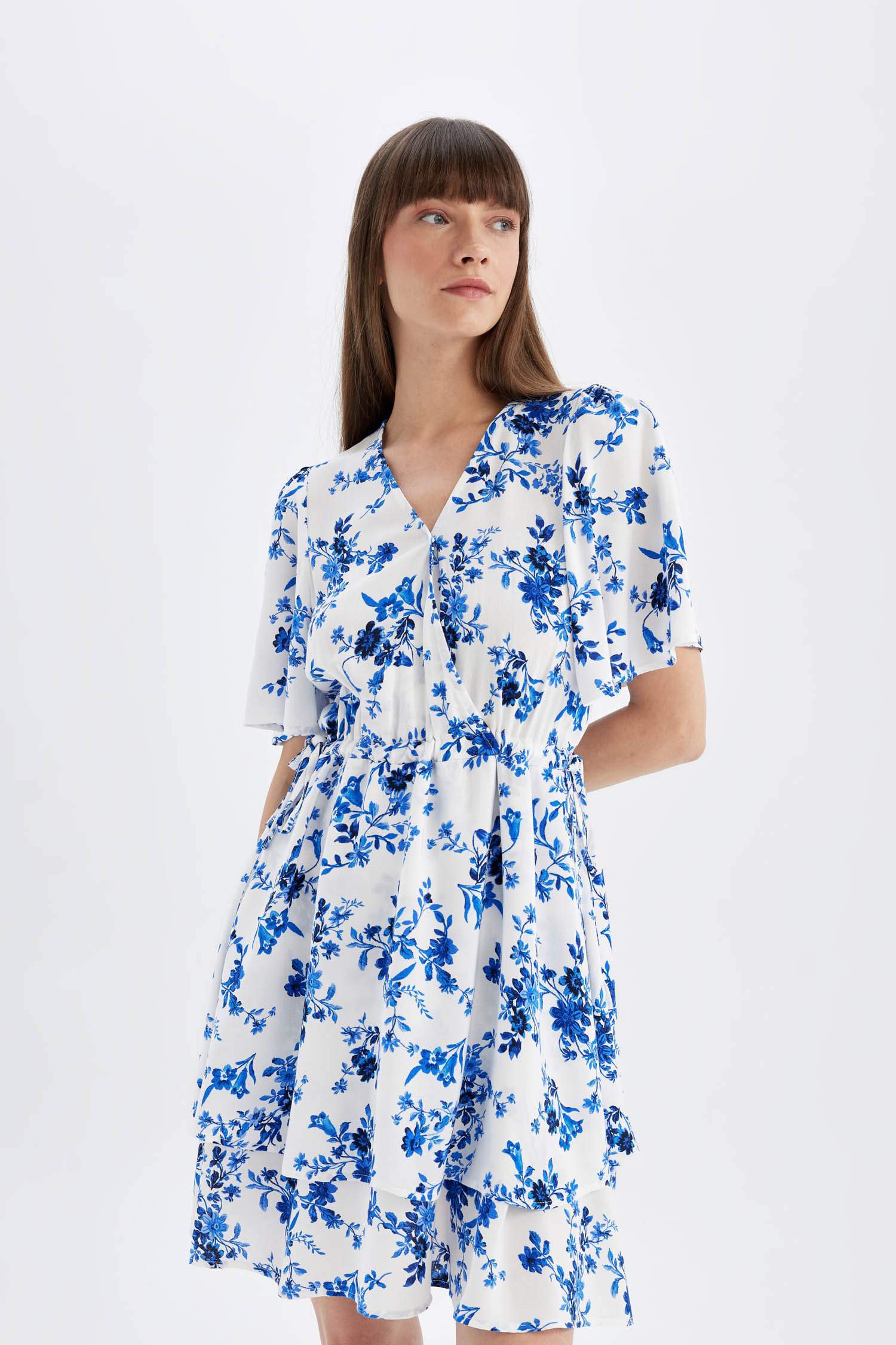 Wrap Neck Patterned Half Sleeve Mini Dress