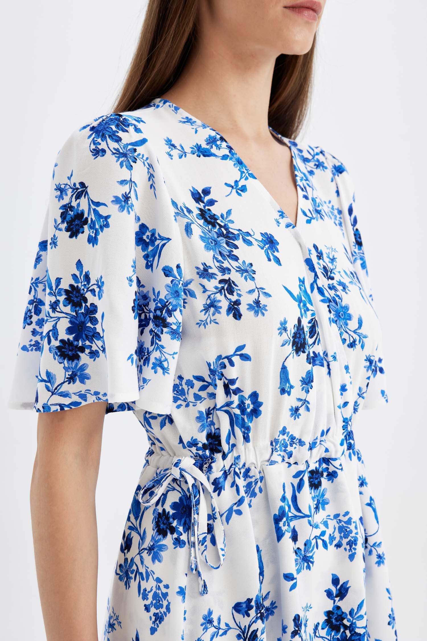 Wrap Neck Patterned Half Sleeve Mini Dress