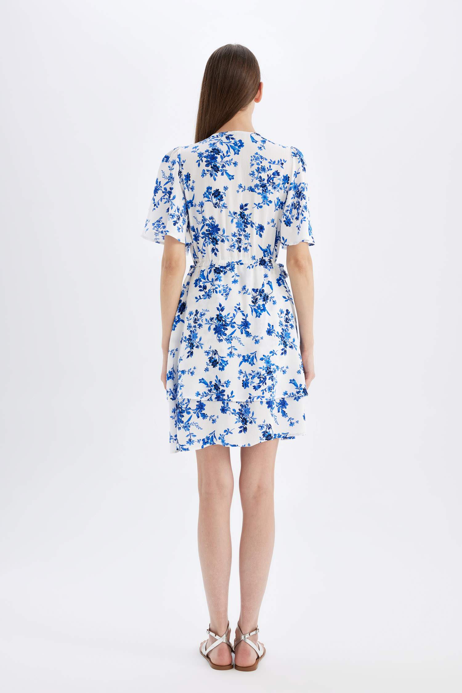 Wrap Neck Patterned Half Sleeve Mini Dress