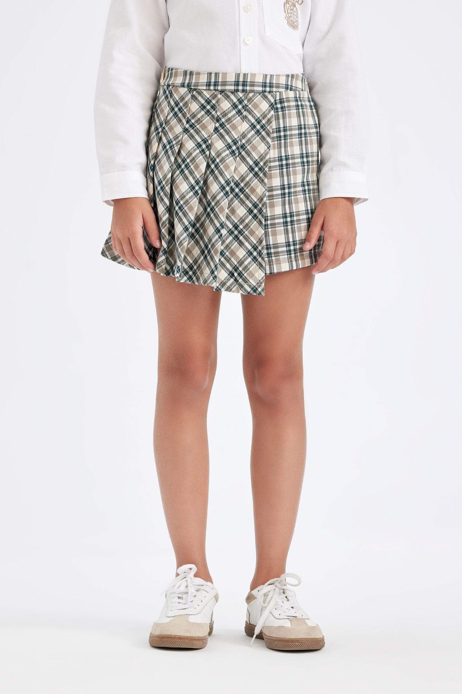 Kız Çocuk Okul Beli Lastikli Pileli Ekose Şort Etek