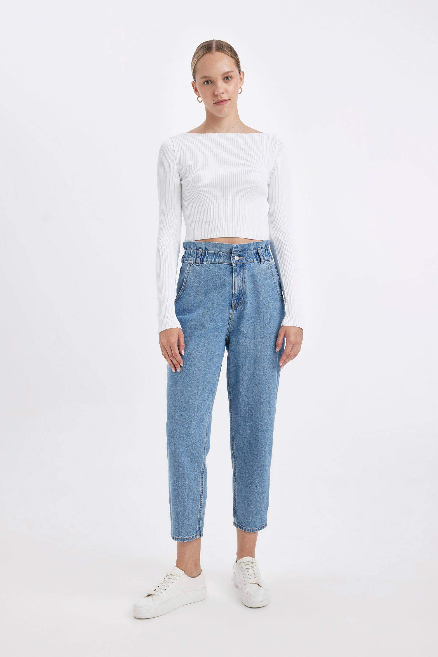 Paperbag Yüksek Bel Bilek Boy Jean Yıkamalı Pantolon