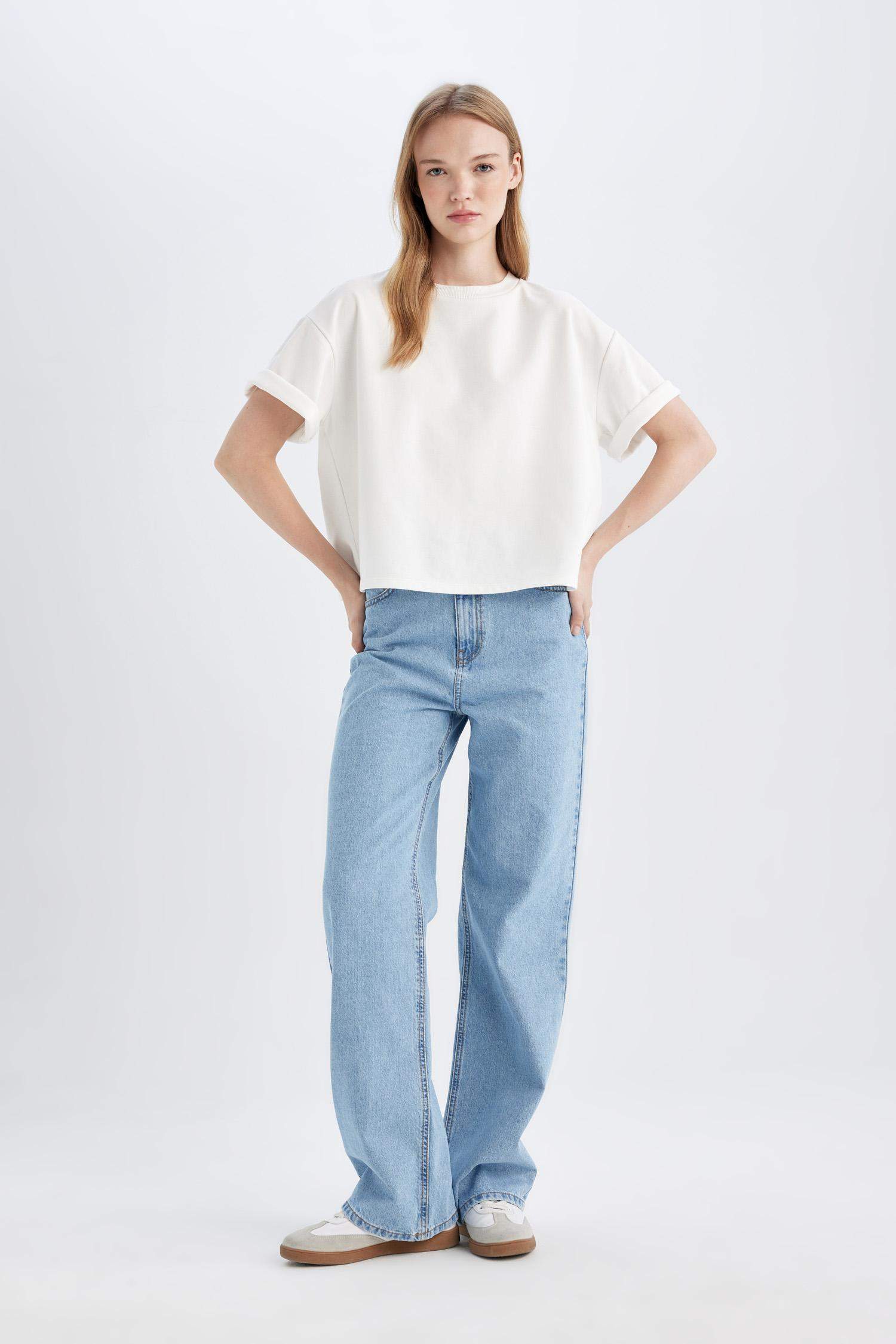 90's Wide Leg Yüksek Bel Paça Ucu Kesik Uzun Jean Yıkamalı Pantolon