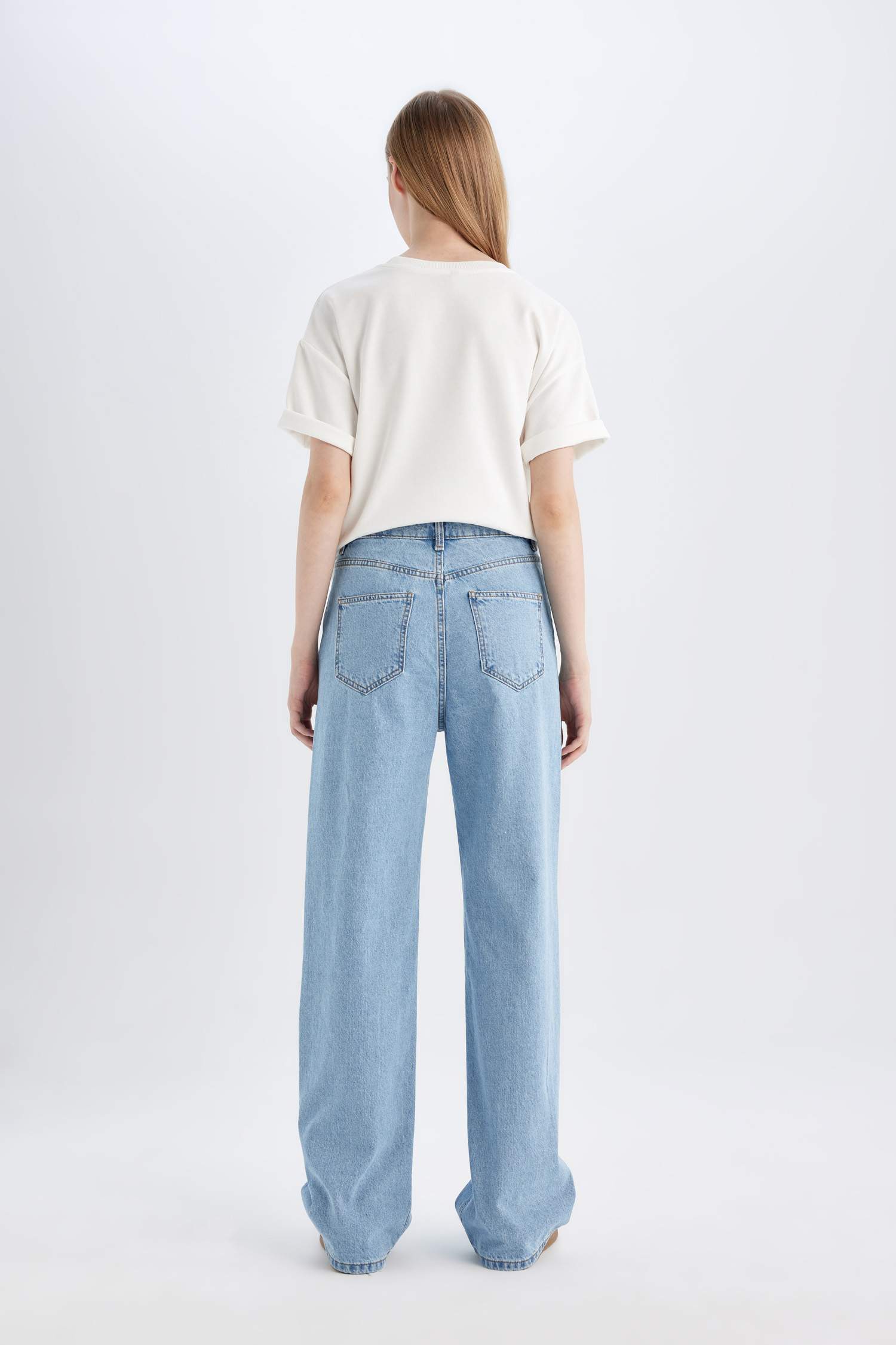 90's Wide Leg Yüksek Bel Paça Ucu Kesik Uzun Jean Yıkamalı Pantolon