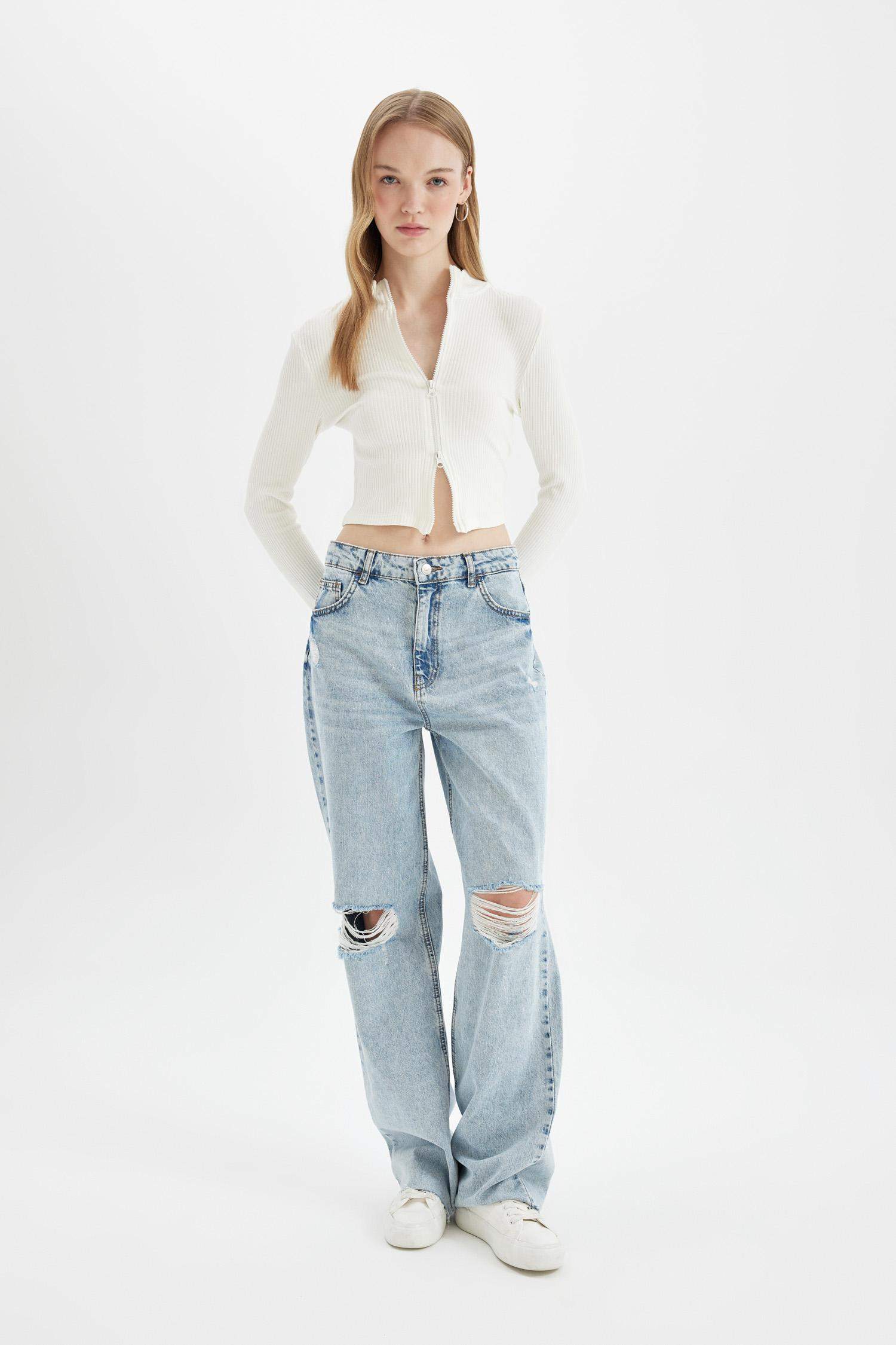 90's Wide Leg Yırtık Detaylı Yüksek Bel Paça Ucu Kesik Uzun Jean Yıkamalı Pantolon